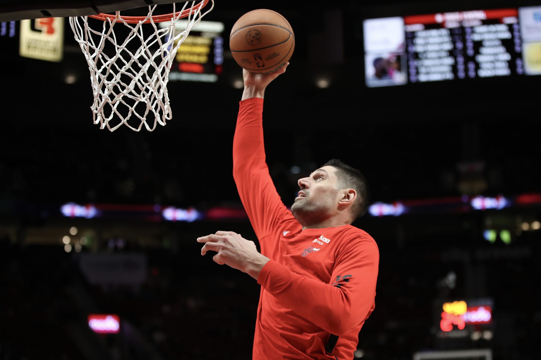 PORTLAND, OREGON - JANUARY 28: Nikola Vucevic #9 of the Chicago Bulls warms up before a game against the Portland Trail Blazers at Moda Center on January 28, 2024 in Portland, Oregon. NOTE TO USER: User expressly acknowledges and agrees that, by downloading and or using this photograph, User is consenting to the terms and conditions of the Getty Images License Agreement.  (Photo by Amanda Loman/Getty Images)