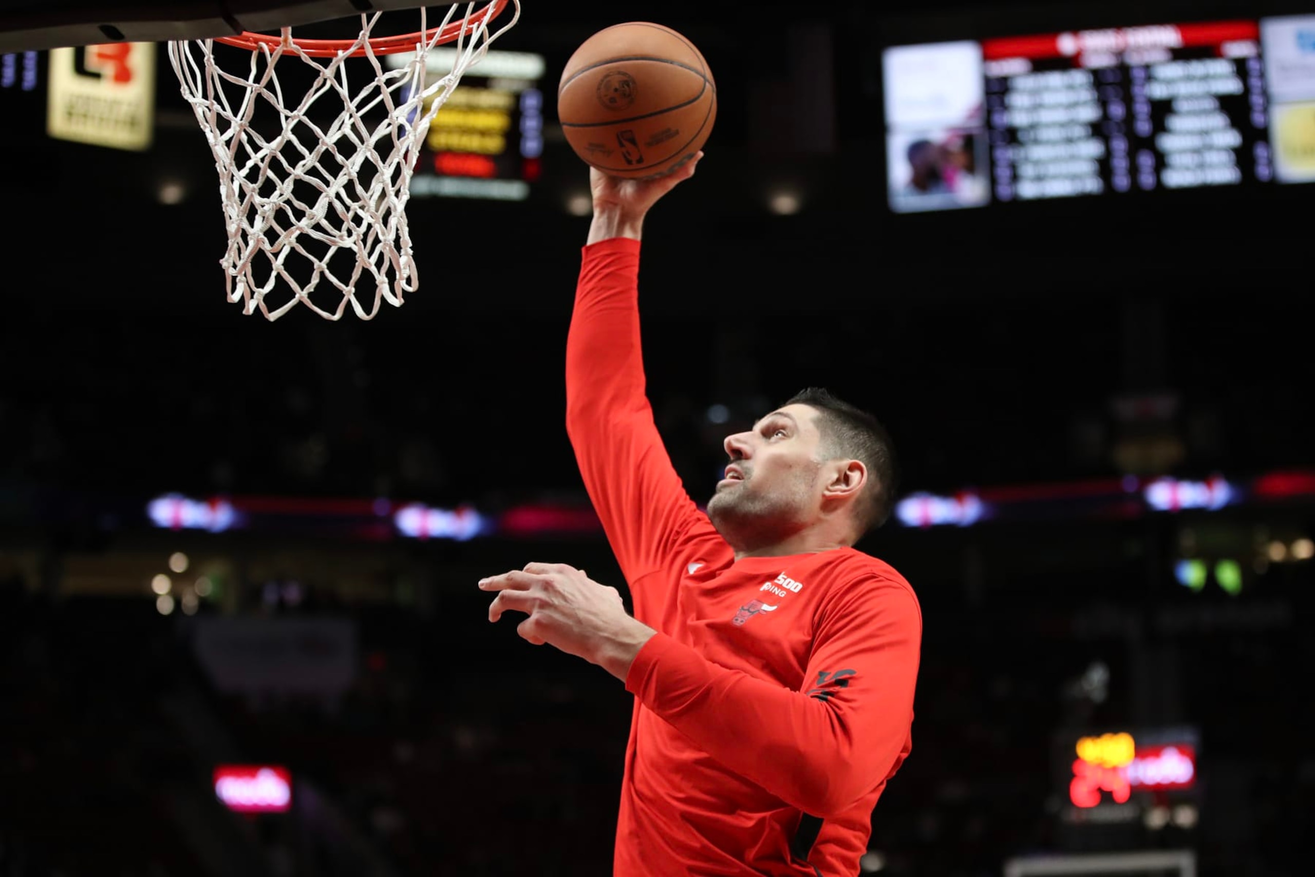 PORTLAND, OREGON - JANUARY 28: Nikola Vucevic #9 of the Chicago Bulls warms up before a game against the Portland Trail Blazers at Moda Center on January 28, 2024 in Portland, Oregon. NOTE TO USER: User expressly acknowledges and agrees that, by downloading and or using this photograph, User is consenting to the terms and conditions of the Getty Images License Agreement.  (Photo by Amanda Loman/Getty Images)
