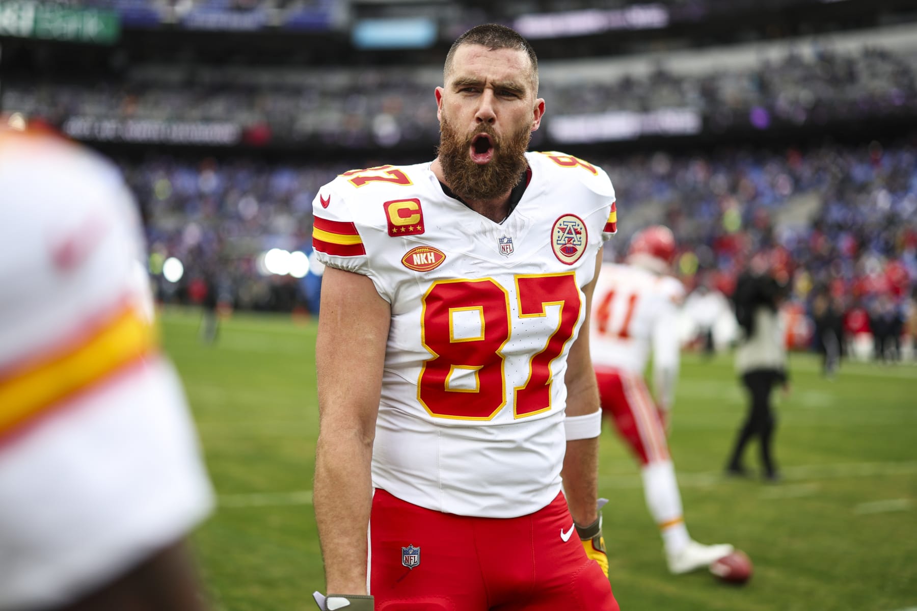 BALTIMORE, MD - JANUARY 28: Travis Kelce #87 of the Kansas City Chiefs warms up prior to the AFC Championship NFL football game against the Baltimore Ravens at M&T Bank Stadium on January 28, 2024 in Baltimore, Maryland. (Photo by Perry Knotts/Getty Images)