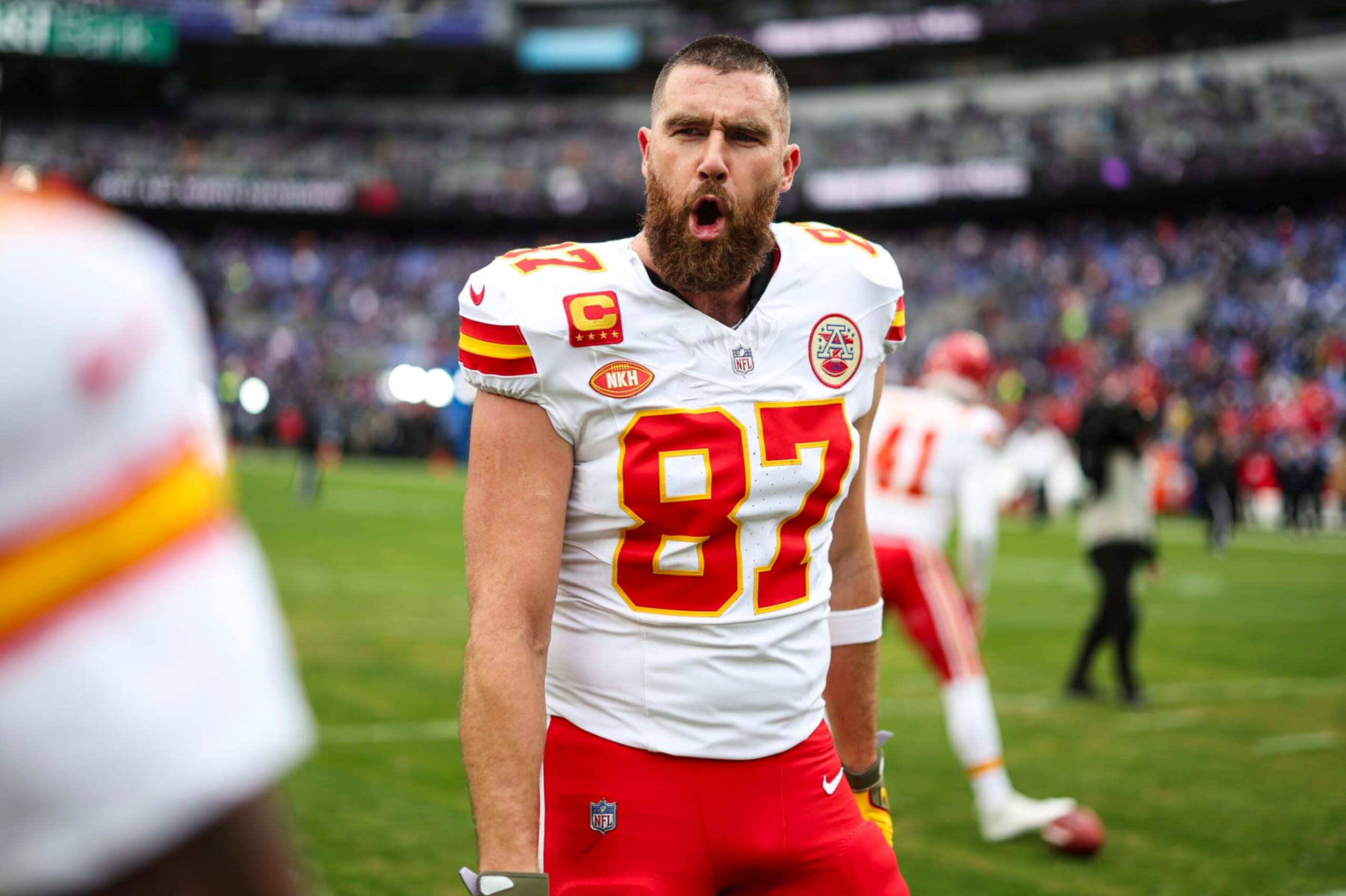 BALTIMORE, MD - JANUARY 28: Travis Kelce #87 of the Kansas City Chiefs warms up prior to the AFC Championship NFL football game against the Baltimore Ravens at M&T Bank Stadium on January 28, 2024 in Baltimore, Maryland. (Photo by Perry Knotts/Getty Images)