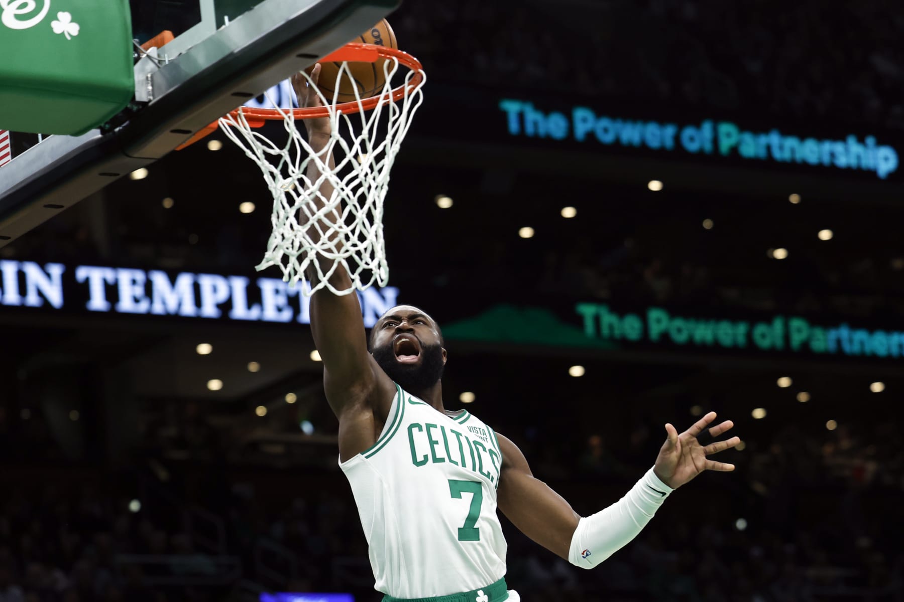 Boston, MA - February 1: Boston Globe SG Jaylen Brown dunks in the second quarter. The Celtics lost to the Los Angeles Lakers, 114-105. (Photo by Danielle Parhizkaran/The Boston Globe via Getty Images)