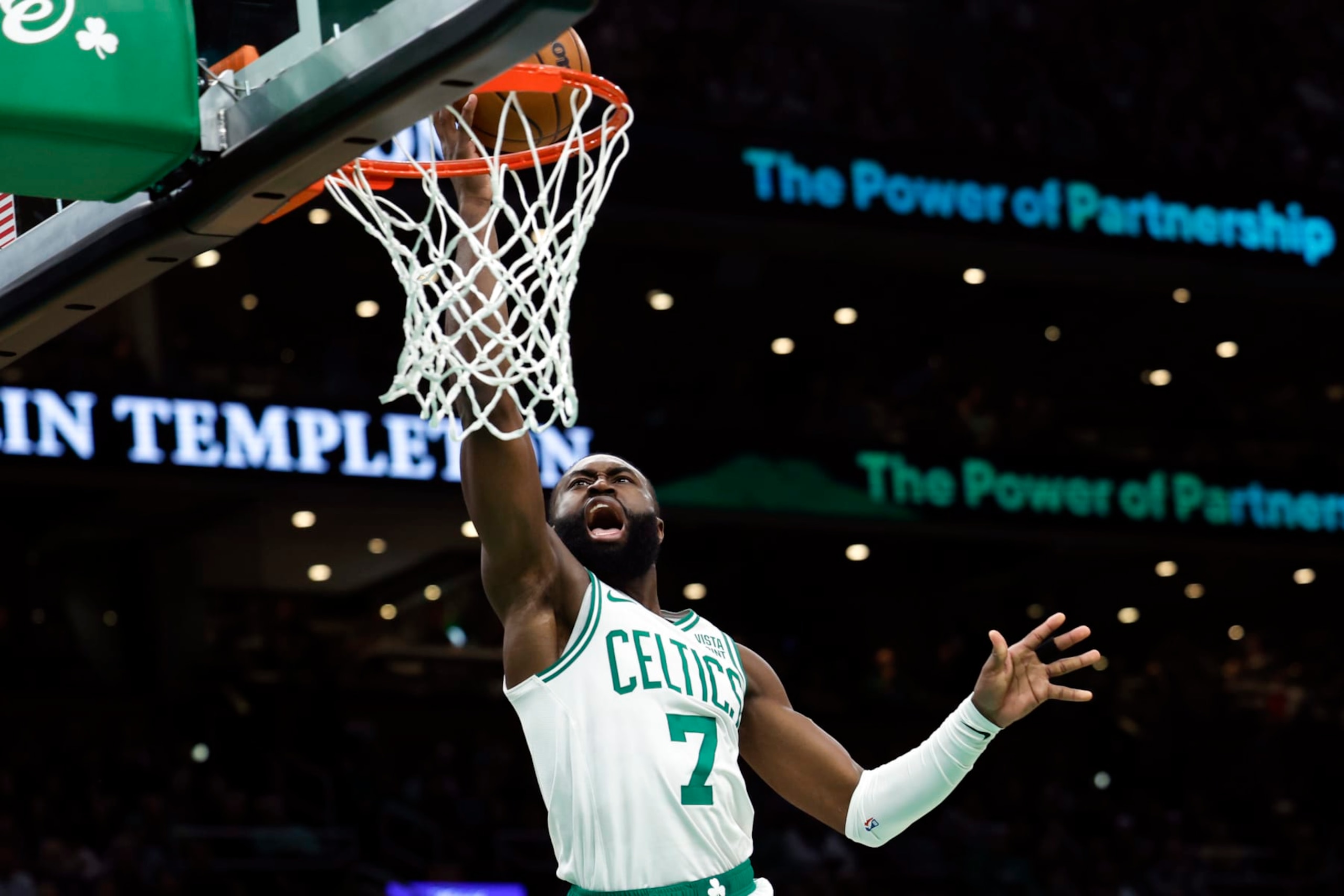 Boston, MA - February 1: Boston Globe SG Jaylen Brown dunks in the second quarter. The Celtics lost to the Los Angeles Lakers, 114-105. (Photo by Danielle Parhizkaran/The Boston Globe via Getty Images)