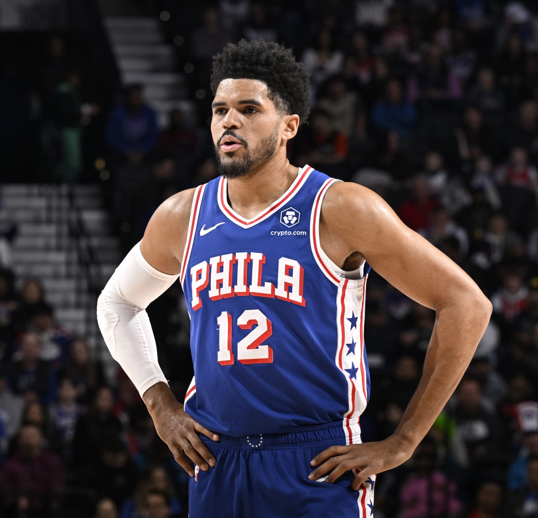 PHILADELPHIA, PA - FEBRUARY 5: Tobias Harris #12 of the Philadelphia 76ers looks on during the game against the Dallas Mavericks on February 5, 2024 at the Wells Fargo Center in Philadelphia, Pennsylvania NOTE TO USER: User expressly acknowledges and agrees that, by downloading and/or using this Photograph, user is consenting to the terms and conditions of the Getty Images License Agreement. Mandatory Copyright Notice: Copyright 2024 NBAE (Photo by David Dow/NBAE via Getty Images)