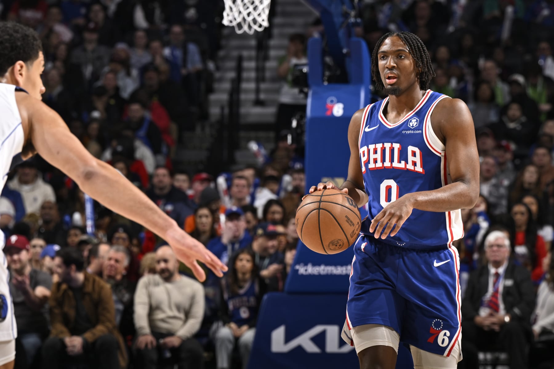 PHILADELPHIA, PA - FEBRUARY 5: Tyrese Maxey #0 of the Philadelphia 76ers dribbles the ball during the game against the Dallas Mavericks on February 5, 2024 at the Wells Fargo Center in Philadelphia, Pennsylvania NOTE TO USER: User expressly acknowledges and agrees that, by downloading and/or using this Photograph, user is consenting to the terms and conditions of the Getty Images License Agreement. Mandatory Copyright Notice: Copyright 2024 NBAE (Photo by David Dow/NBAE via Getty Images)