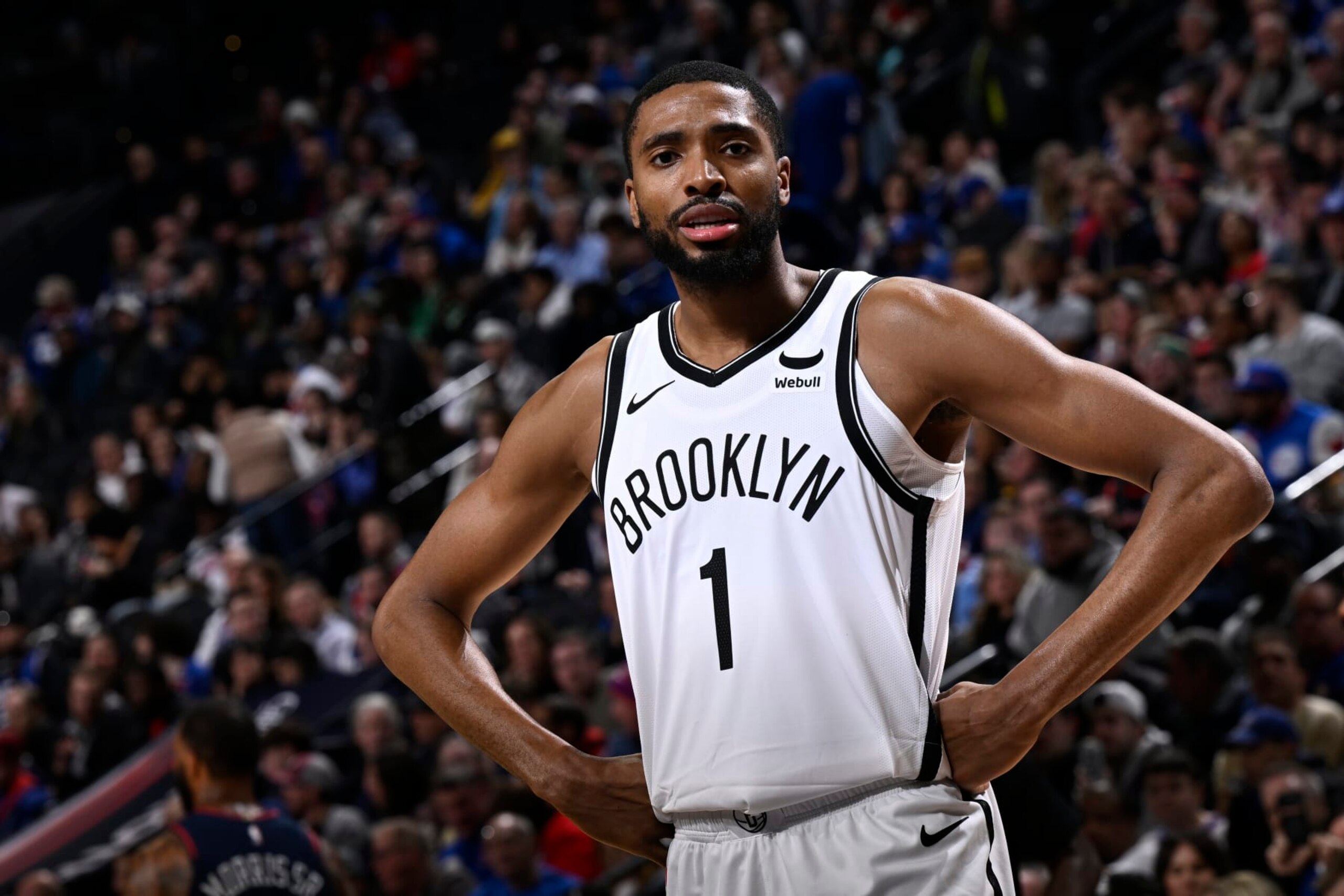 PHILADELPHIA, PA - FEBRUARY 3:  Mikal Bridges #1 of the Brooklyn Nets looks on during the game against the Philadelphia 76ers on February 3, 2024 at the Wells Fargo Center in Philadelphia, Pennsylvania NOTE TO USER: User expressly acknowledges and agrees that, by downloading and/or using this Photograph, user is consenting to the terms and conditions of the Getty Images License Agreement. Mandatory Copyright Notice: Copyright 2024 NBAE (Photo by David Dow/NBAE via Getty Images)