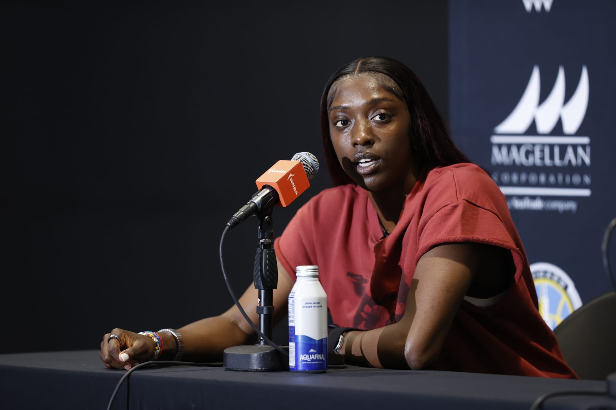 CHICAGO, ILLINOIS - OCTOBER 24: Kahleah Copper of the Chicago Sky talks to the media during a press conference announcing Teresa Weatherspoon as the new Chicago Sky head coach on October 24, 2023 at Wintrust Arena in Chicago, Illinois. NOTE TO USER: User expressly acknowledges and agrees that, by downloading and/or using this photograph, user is consenting to the terms and conditions of the Getty Images License Agreement.  Mandatory Copyright Notice: Copyright 2023 NBAE (Photo by Kamil Krzaczynski/NBAE via Getty Images)