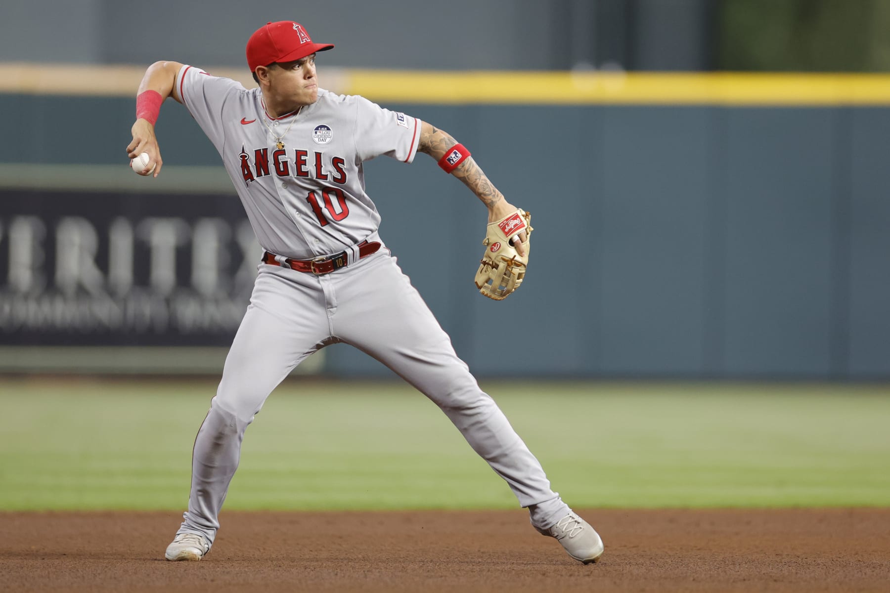 HOUSTON, TEXAS - JUNE 02: Gio Urshela #10 of the Los Angeles Angels fields a ground ball hit by Alex Bregman #2 of the Houston Astros at Minute Maid Park on June 02, 2023 in Houston, Texas. (Photo by Carmen Mandato/Getty Images)