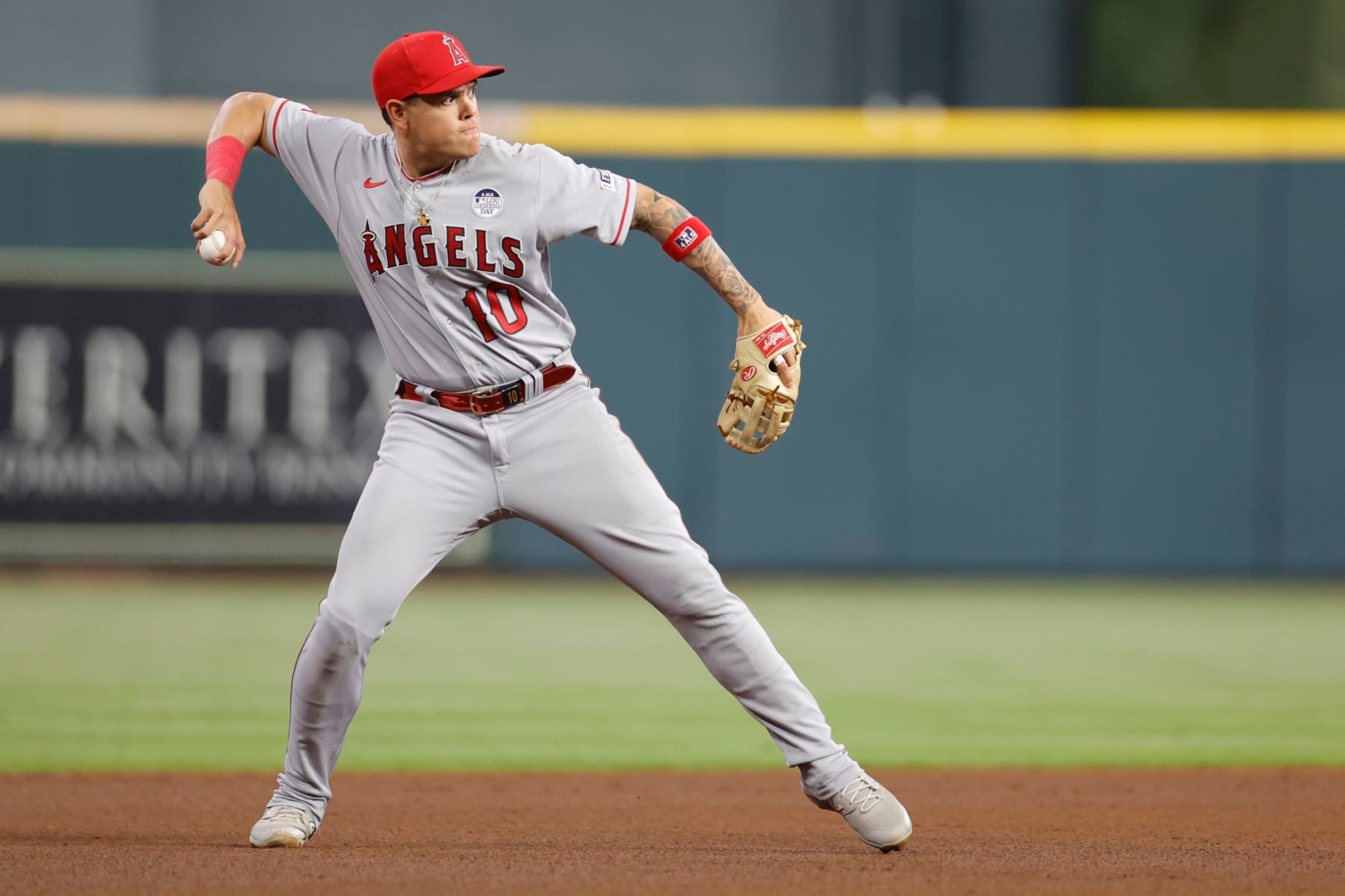 HOUSTON, TEXAS - JUNE 02: Gio Urshela #10 of the Los Angeles Angels fields a ground ball hit by Alex Bregman #2 of the Houston Astros at Minute Maid Park on June 02, 2023 in Houston, Texas. (Photo by Carmen Mandato/Getty Images)