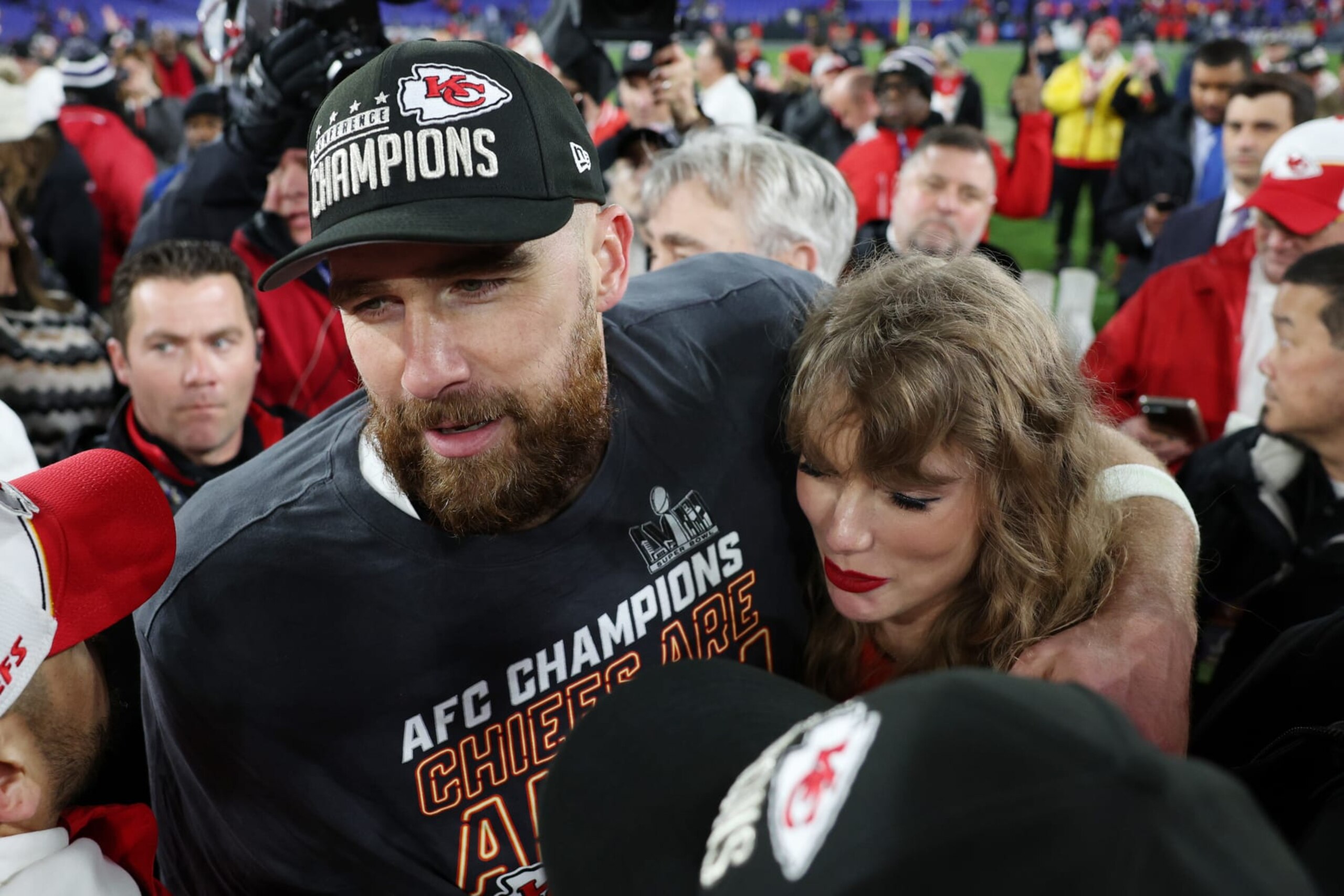 BALTIMORE, MARYLAND - JANUARY 28: Travis Kelce #87 of the Kansas City Chiefs celebrates with Taylor Swift after a 17-10 victory against the Baltimore Ravens in the AFC Championship Game at M&T Bank Stadium on January 28, 2024 in Baltimore, Maryland. (Photo by Patrick Smith/Getty Images)
