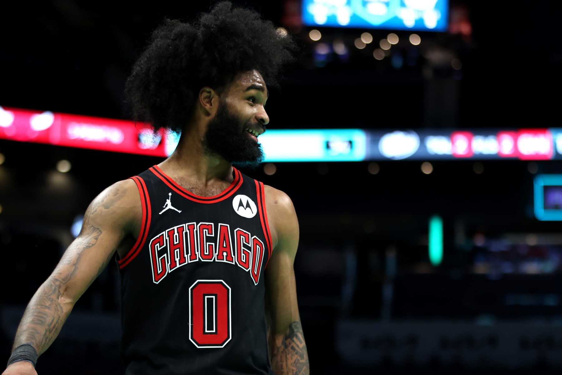 CHARLOTTE, NORTH CAROLINA - JANUARY 31: Coby White #0 of the Chicago Bulls reacts during the second half of an NBA game against the Charlotte Hornets at Spectrum Center on January 31, 2024 in Charlotte, North Carolina. NOTE TO USER: User expressly acknowledges and agrees that, by downloading and or using this photograph, User is consenting to the terms and conditions of the Getty Images License Agreement. (Photo by David Jensen/Getty Images)