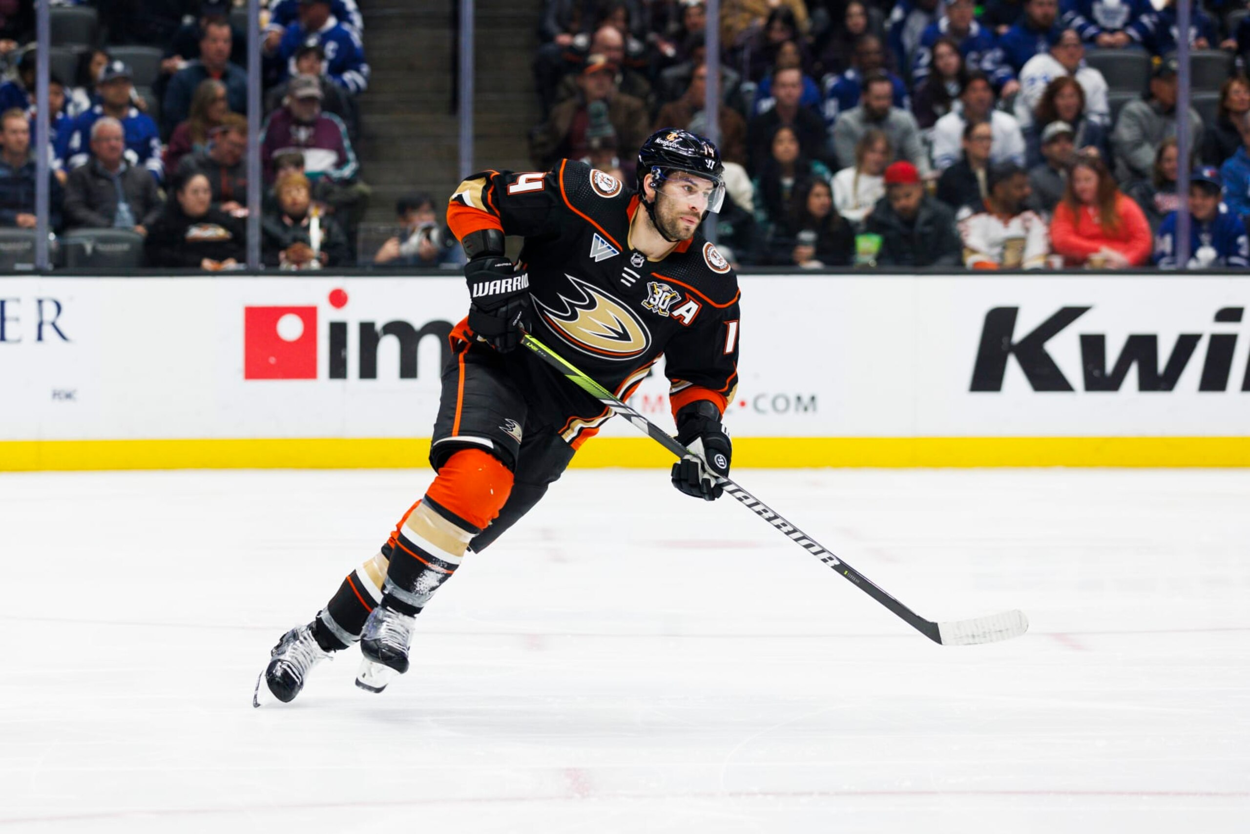 ANAHEIM, CA - JANUARY 03: Anaheim Ducks center Adam Henrique (14) skates during an NHL hockey game against the Toronto Maple Leafs on January 3, 2024 at Honda Center in Anaheim, CA. (Photo by Ric Tapia/Icon Sportswire via Getty Images)