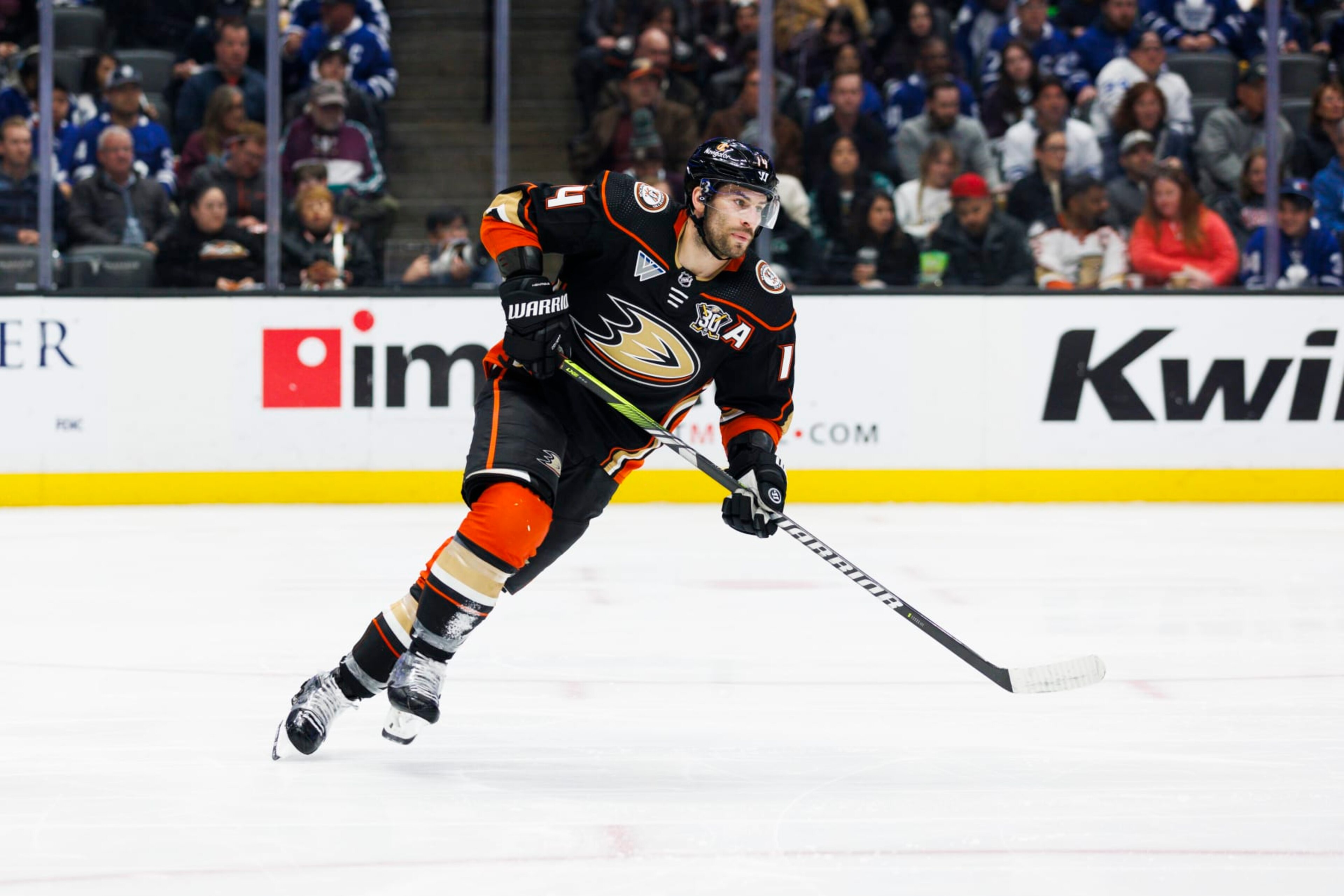 ANAHEIM, CA - JANUARY 03: Anaheim Ducks center Adam Henrique (14) skates during an NHL hockey game against the Toronto Maple Leafs on January 3, 2024 at Honda Center in Anaheim, CA. (Photo by Ric Tapia/Icon Sportswire via Getty Images)
