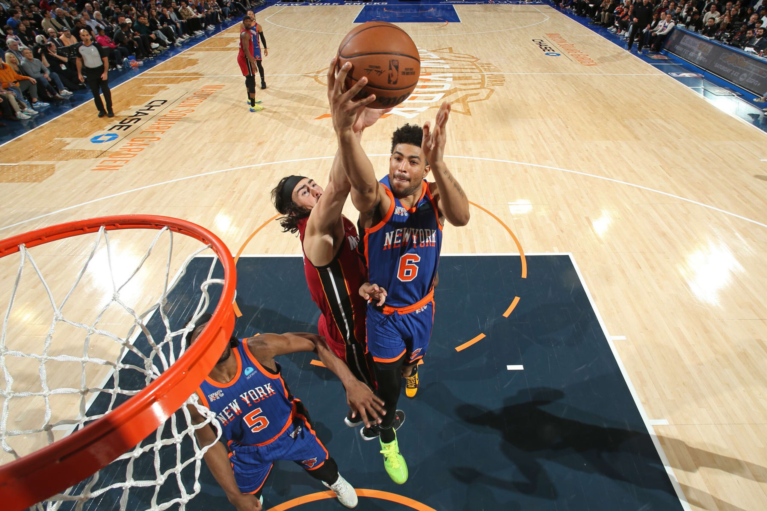 NEW YORK, NY - JANUARY 27: Quentin Grimes #6 of the New York Knicks drives to the basket during the game against the Miami Heat on January 27, 2024 at Madison Square Garden in New York City, New York. NOTE TO USER: User expressly acknowledges and agrees that, by downloading and or using this photograph, User is consenting to the terms and conditions of the Getty Images License Agreement. Mandatory Copyright Notice: Copyright 2024 NBAE (Photo by Nathaniel S. Butler/NBAE via Getty Images) NEW YORK, NY - JANUARY 27: Quentin Grimes #6 of the New York Knicks drives to the basket during the game against the Miami Heat on January 27, 2024 at Madison Square Garden in New York City, New York. NOTE TO USER: User expressly acknowledges and agrees that, by downloading and or using this photograph, User is consenting to the terms and conditions of the Getty Images License Agreement. Mandatory Copyright Notice: Copyright 2024 NBAE (Photo by Nathaniel S. Butler/NBAE via Getty Images)