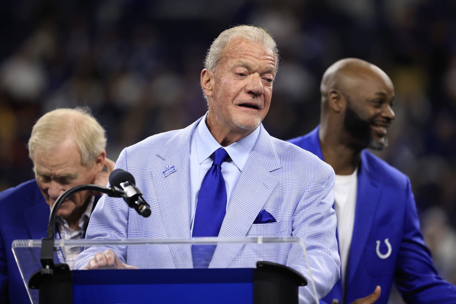 INDIANAPOLIS, INDIANA - OCTOBER 30: Indianapolis Colts Owner Jim Irsay speaks during the Indianapolis Colts Ring of Honor ceremony for Tarik Glenn during halftime of a game against the Washington Commanders at Lucas Oil Stadium on October 30, 2022 in Indianapolis, Indiana. (Photo by Justin Casterline/Getty Images)