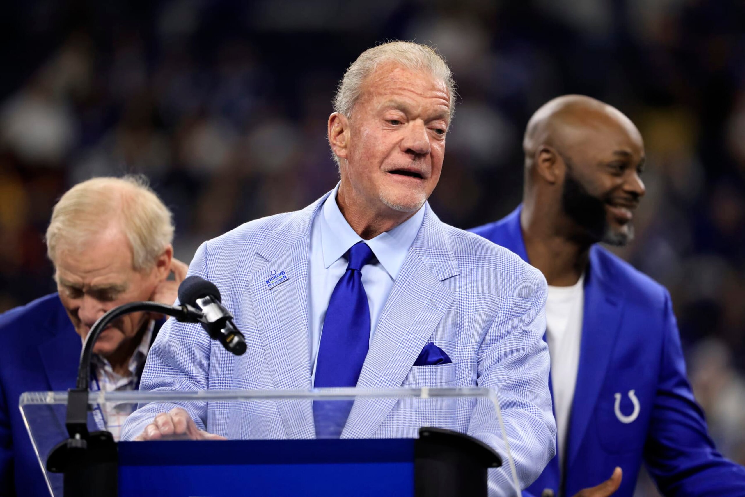 INDIANAPOLIS, INDIANA - OCTOBER 30: Indianapolis Colts Owner Jim Irsay speaks during the Indianapolis Colts Ring of Honor ceremony for Tarik Glenn during halftime of a game against the Washington Commanders at Lucas Oil Stadium on October 30, 2022 in Indianapolis, Indiana. (Photo by Justin Casterline/Getty Images)