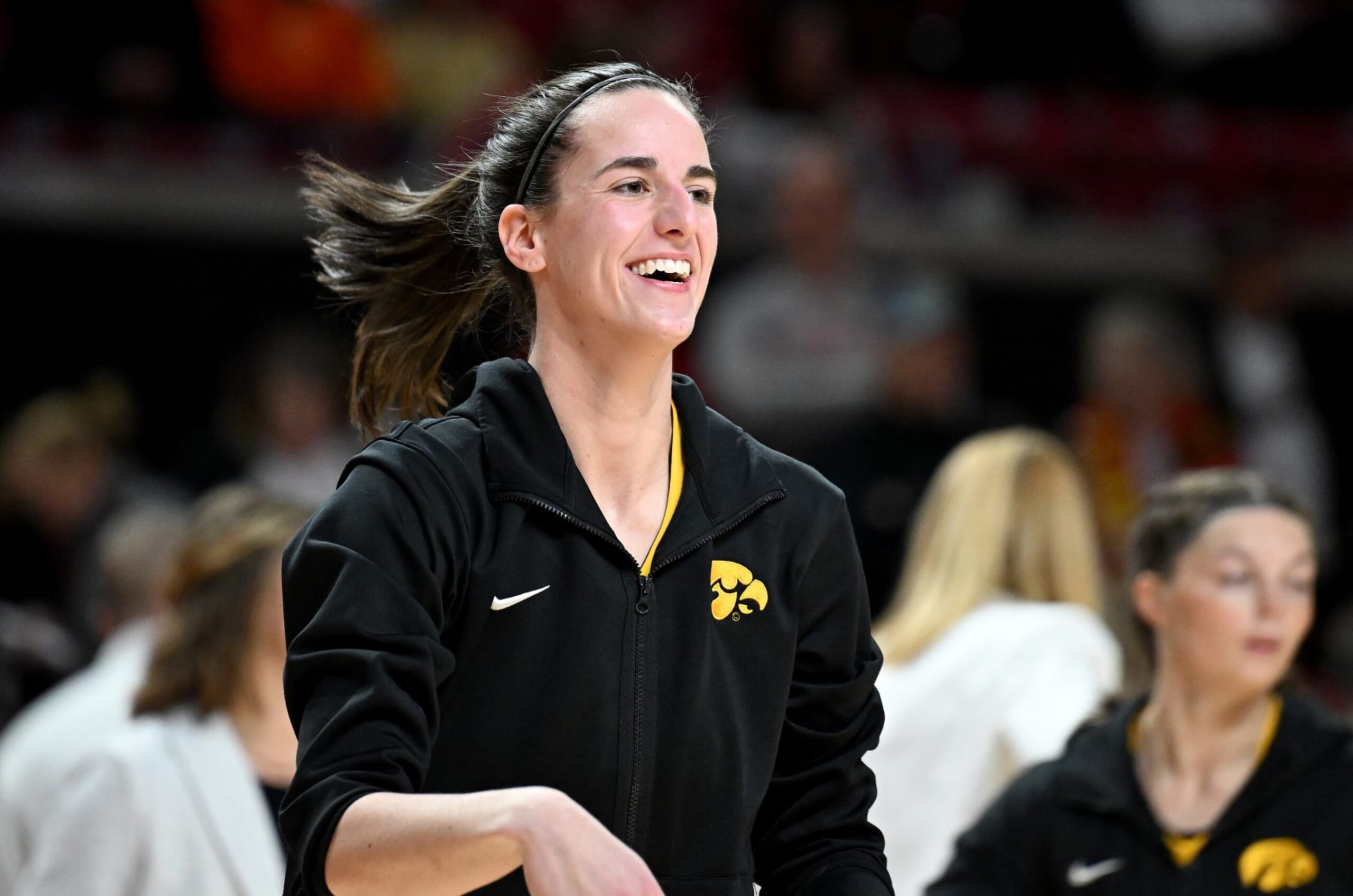 COLLEGE PARK, MARYLAND - FEBRUARY 03: Caitlin Clark #22 of the Iowa Hawkeyes warms up before the game against the Maryland Terrapins at Xfinity Center on February 03, 2024 in College Park, Maryland. (Photo by G Fiume/Getty Images)