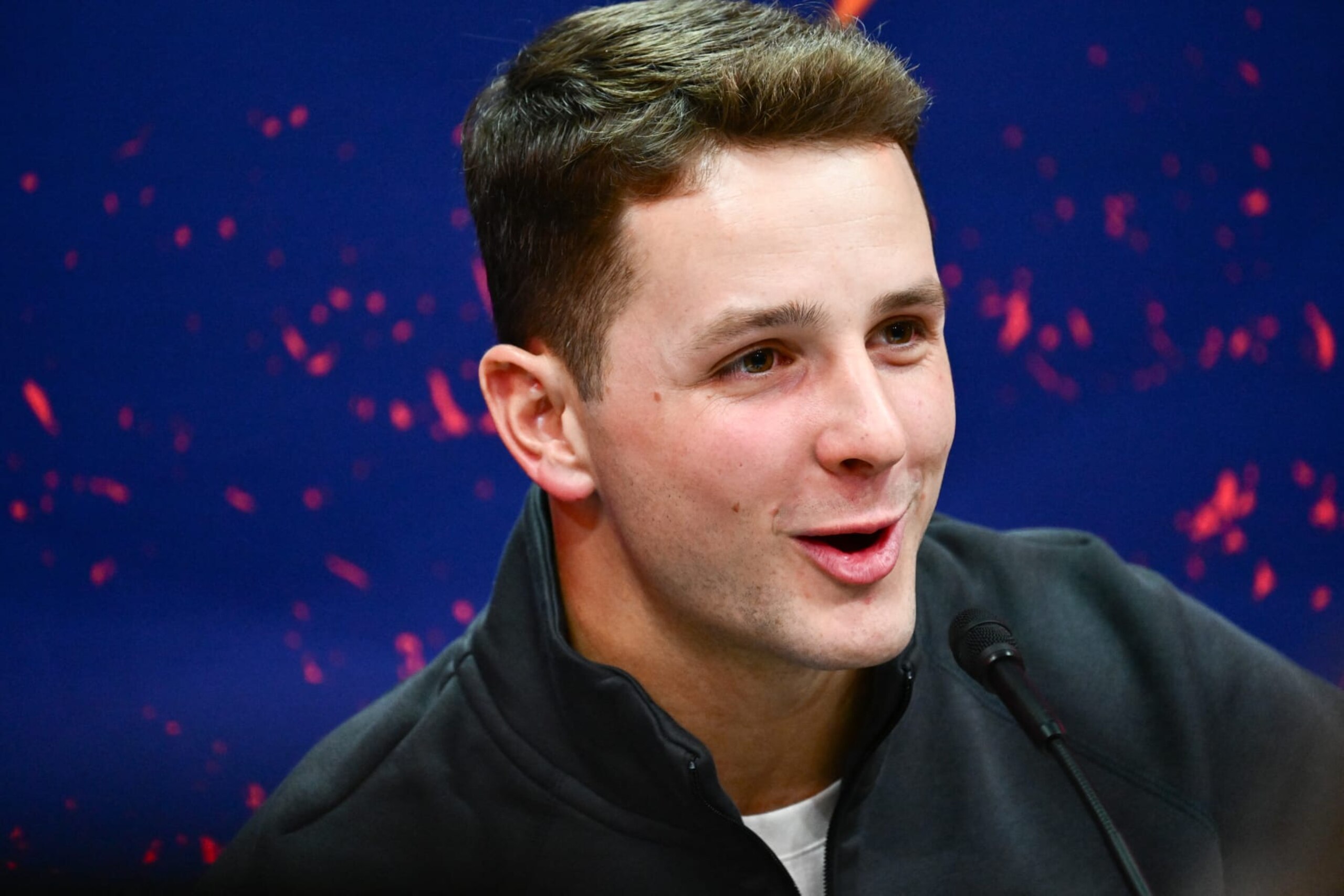 Quarterback Brock Purdy of the San Francisco 49ers speaks to the media during Super Bowl LVIII Opening Night at Allegiant Stadium in Las Vegas, Nevada on February 5, 2024. (Photo by Patrick T. Fallon / AFP) (Photo by PATRICK T. FALLON/AFP via Getty Images)