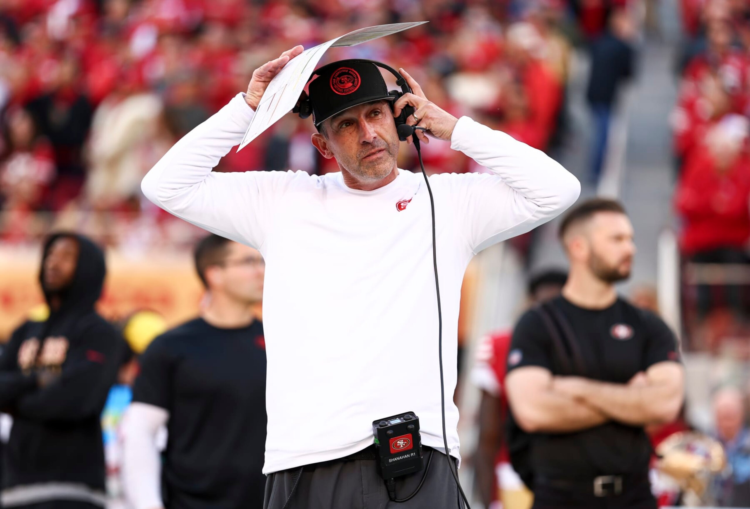 SANTA CLARA, CA - JANUARY 28: Head coach Kyle Shanahan of the San Francisco 49ers looks on prior to the NFC Championship NFL football game against the Detroit Lions at Levi's Stadium on January 28, 2024 in Santa Clara, California. (Photo by Kevin Sabitus/Getty Images)
