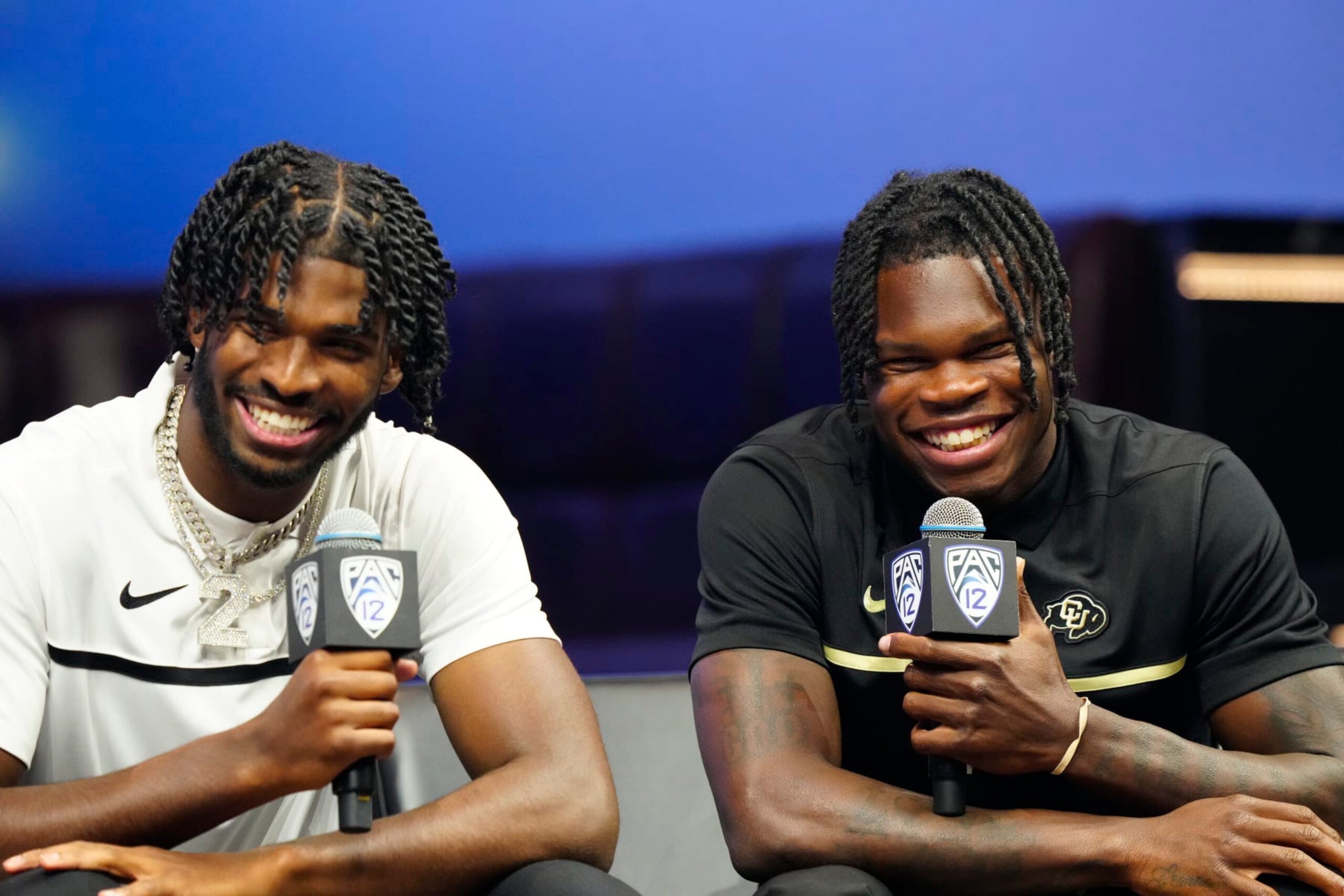 LAS VEGAS, NEVADA - JULY 21: (L-R) Shedeur Sanders #2 and Travis Hunter #12 of the University of Colorado Buffaloes speak with the media at Zouk Nightclub at Resorts World Las Vegas on July 21, 2023 in Las Vegas, Nevada. (Photo by Louis Grasse/Getty Images) LAS VEGAS, NEVADA - JULY 21: (L-R) Shedeur Sanders #2 and Travis Hunter #12 of the University of Colorado Buffaloes speak with the media at Zouk Nightclub at Resorts World Las Vegas on July 21, 2023 in Las Vegas, Nevada. (Photo by Louis Grasse/Getty Images)