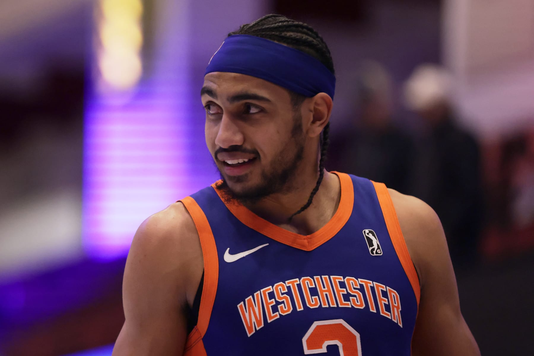 WHITE PLAINS, NY- JANUARY 11: Jacob Toppin #3 of the Westchester Knicks looks on during the game against the Windy City Bulls on January 11, 2024 in White Plains, NY. NOTE TO USER: User expressly acknowledges and agrees that, by downloading and/or using this photograph, user is consenting to the terms and conditions of the Getty Images License Agreement. Mandatory Copyright Notice: Copyright 2024 NBAE (Photo by Luther Schlaifer/NBAE via Getty Images)