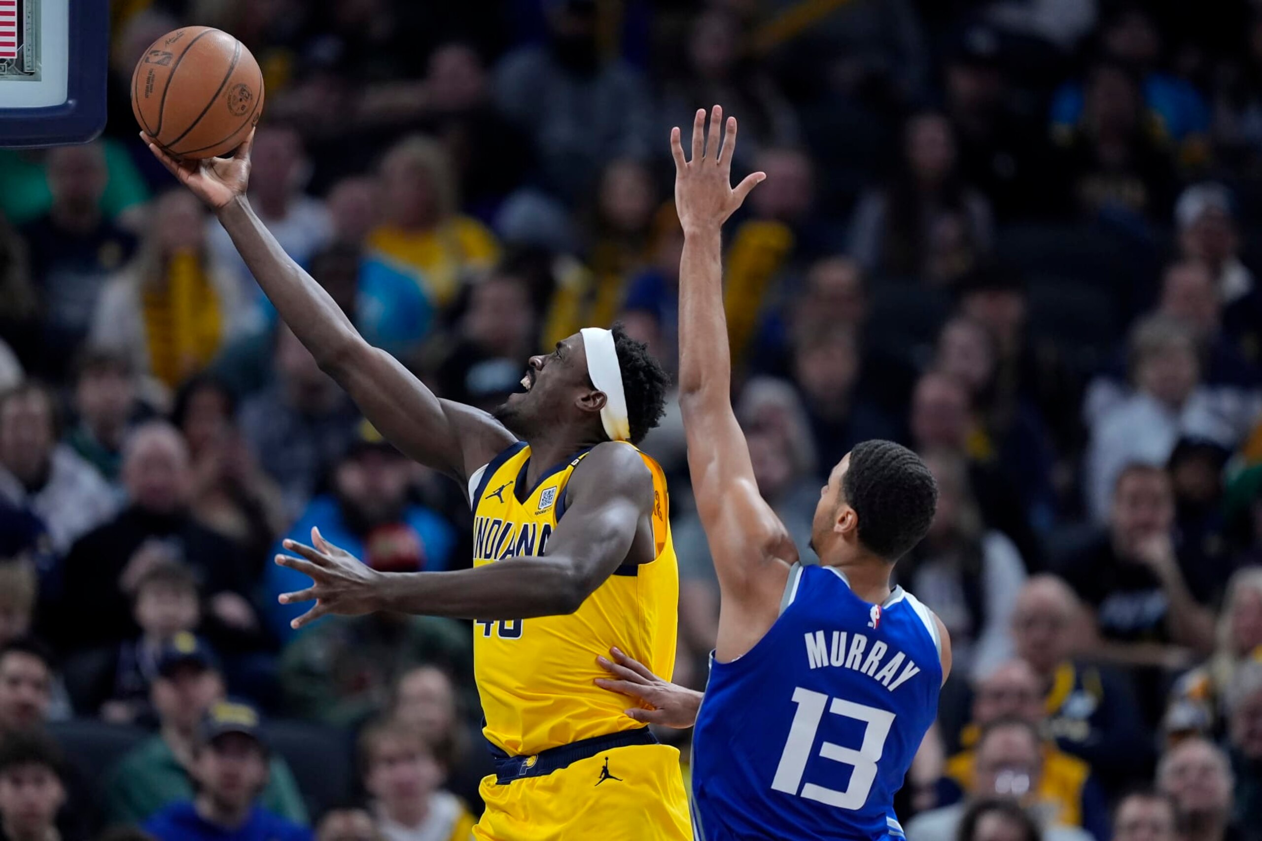 INDIANAPOLIS, INDIANA - FEBRUARY 02: Pascal Siakam #43 of the Indiana Pacers attempts a layup while being guarded by Keegan Murray #13 of the Sacramento Kings in the first quarter at Gainbridge Fieldhouse on February 02, 2024 in Indianapolis, Indiana. NOTE TO USER: User expressly acknowledges and agrees that, by downloading and or using this photograph, User is consenting to the terms and conditions of the Getty Images License Agreement. (Photo by Dylan Buell/Getty Images) INDIANAPOLIS, INDIANA - FEBRUARY 02: Pascal Siakam #43 of the Indiana Pacers attempts a layup while being guarded by Keegan Murray #13 of the Sacramento Kings in the first quarter at Gainbridge Fieldhouse on February 02, 2024 in Indianapolis, Indiana. NOTE TO USER: User expressly acknowledges and agrees that, by downloading and or using this photograph, User is consenting to the terms and conditions of the Getty Images License Agreement. (Photo by Dylan Buell/Getty Images)