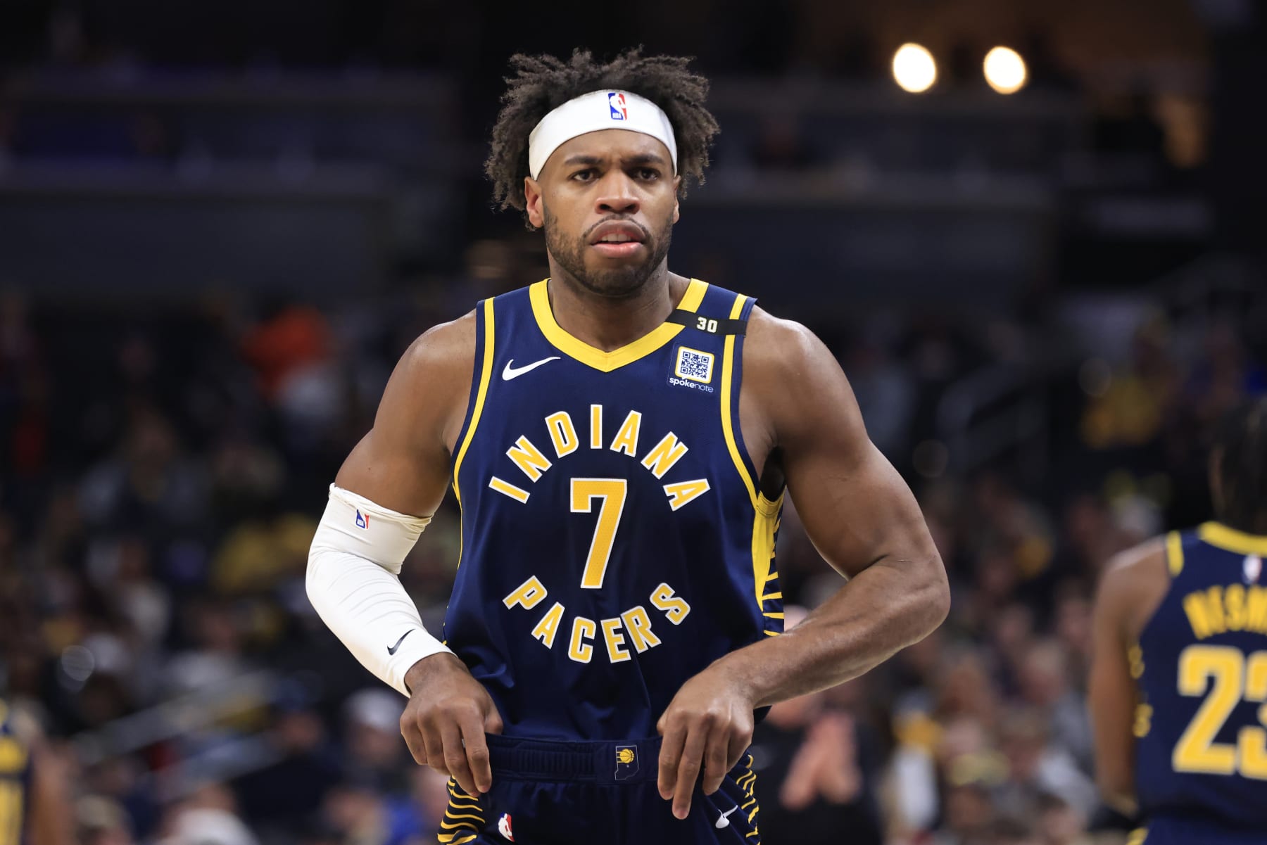 INDIANAPOLIS, INDIANA - JANUARY 10: Buddy Hield #7 of the Indiana Pacers looks on in the game against the Washington Wizards at Gainbridge Fieldhouse on January 10, 2024 in Indianapolis, Indiana. NOTE TO USER: User expressly acknowledges and agrees that, by downloading and or using this photograph, User is consenting to the terms and conditions of the Getty Images License Agreement. (Photo by Justin Casterline/Getty Images)
