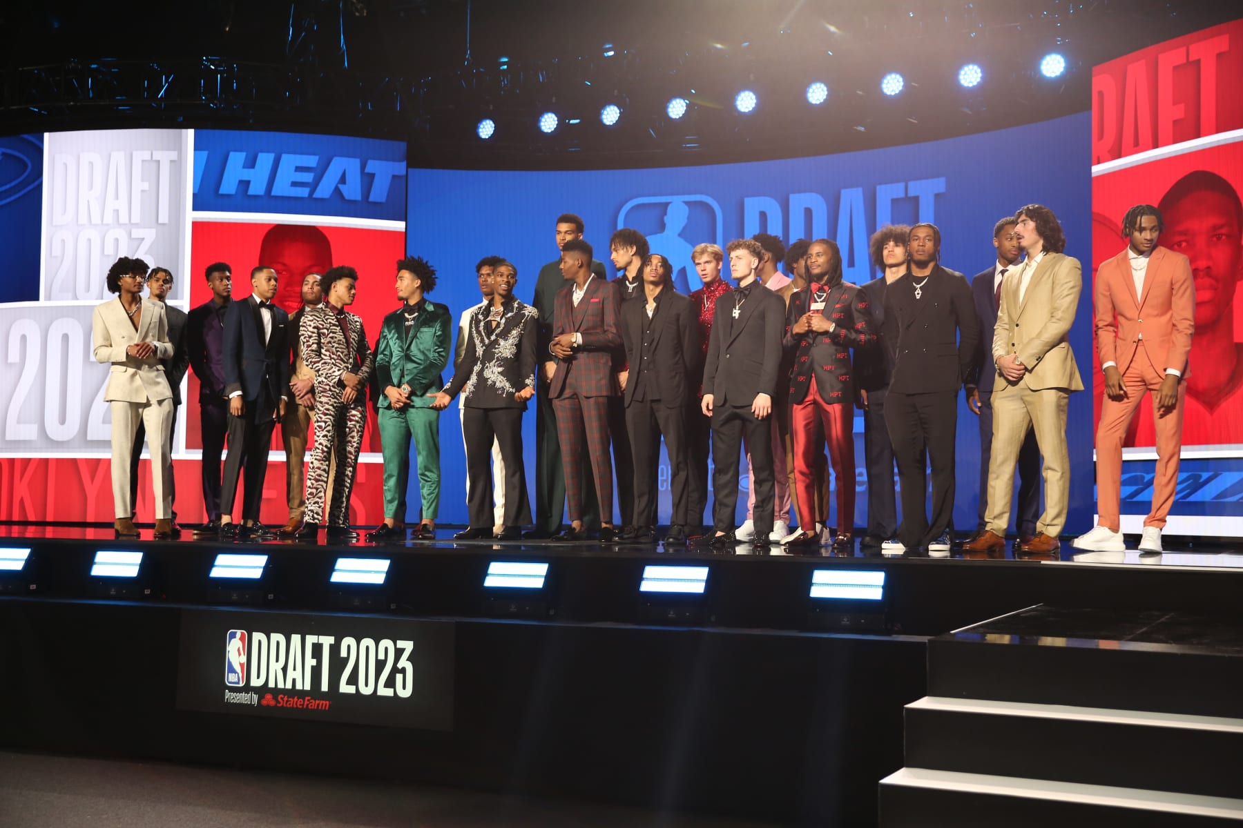 BROOKLYN, NY - JUNE 22: Rayan Rupert, Kobe Brown, Olivier-Maxence Prosper, Jordan Hawkins, Jett Howard, Keyonte George, Ausar Thompson, Jalen Hood-Schifino, Amen Thompson, Scoot Henderson, Victor Wembanyama, Brandon Miller, Dereck Lively II, Nick Smith Jr., Gradey Dick, Taylor Hendricks, Brandin Podziemski, Jarace Walker, Cason Wallace, Anthony Black, Cam Whitmore, Bilal Coulibaly, Jaime Jaquez Jr., Noah Clowney pose for a group shot for the draft class during the 2023 NBA Draft on June 22, 2023 at Barclays Center in Brooklyn, New York. NOTE TO USER: User expressly acknowledges and agrees that, by downloading and or using this photograph, User is consenting to the terms and conditions of the Getty Images License Agreement. Mandatory Copyright Notice: Copyright 2023 NBAE (Photo by Kai Tseha/NBAE via Getty Images)