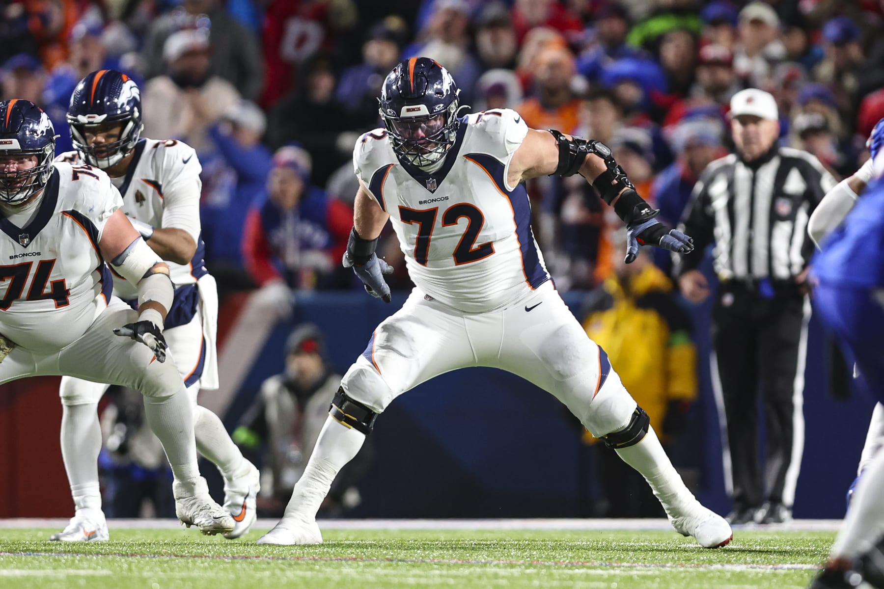 ORCHARD PARK, NY - NOVEMBER 13: Garett Bolles #72 of the Denver Broncos drops back to block during an NFL football game against the Buffalo Bills at Highmark Stadium on November 13, 2023 in Orchard Park, New York. (Photo by Perry Knotts/Getty Images)