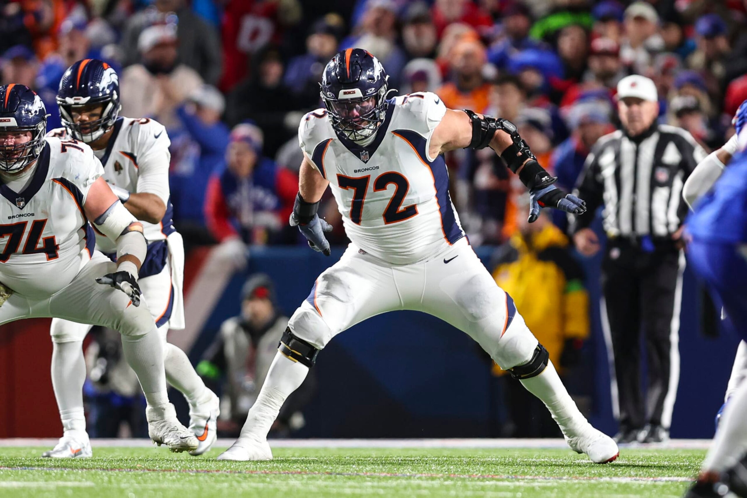 ORCHARD PARK, NY - NOVEMBER 13: Garett Bolles #72 of the Denver Broncos drops back to block during an NFL football game against the Buffalo Bills at Highmark Stadium on November 13, 2023 in Orchard Park, New York. (Photo by Perry Knotts/Getty Images)