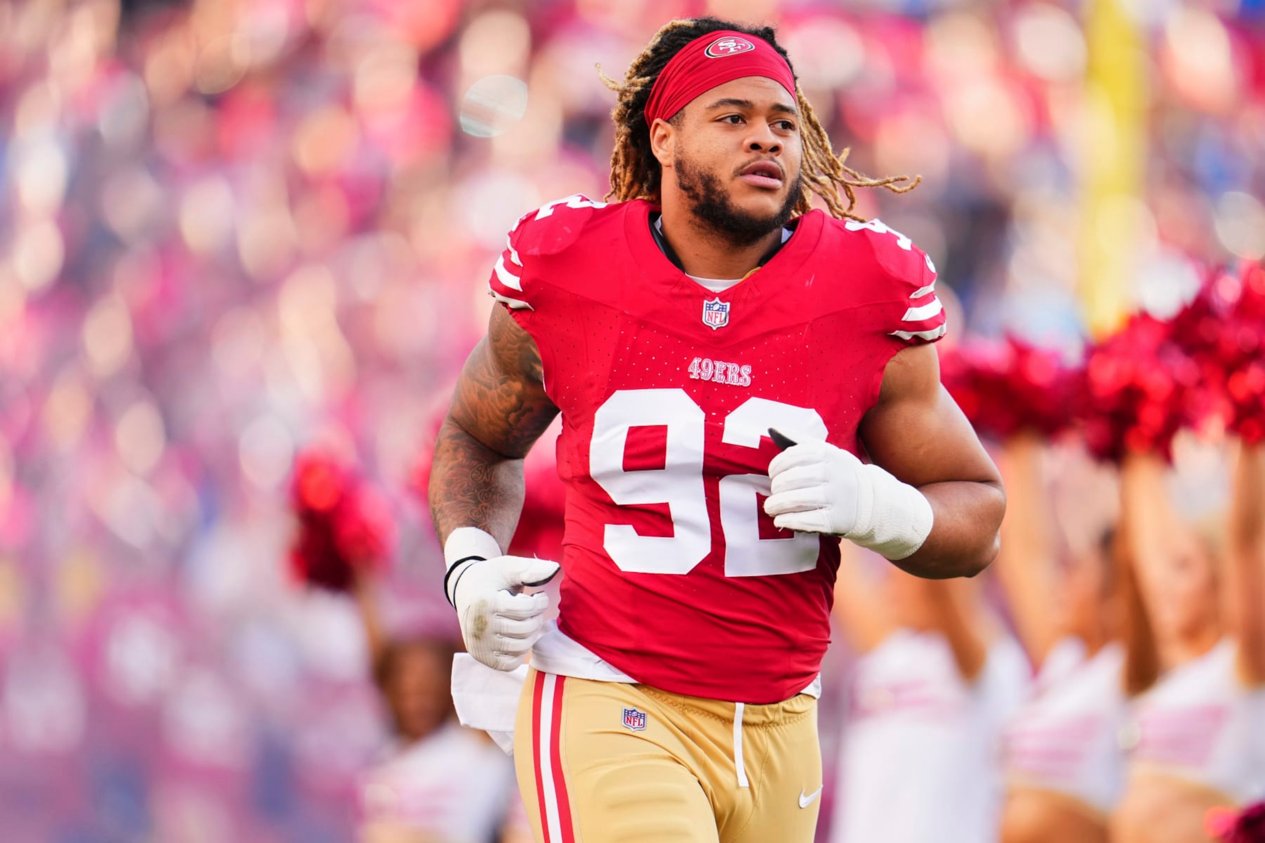 SANTA CLARA, CA - JANUARY 28: Chase Young #92 of the San Francisco 49ers takes the field before kickoff against the Detroit Lions during the NFC Championship football game at Levi's Stadium on January 28, 2024 in Santa Clara, California. (Photo by Cooper Neill/Getty Images)