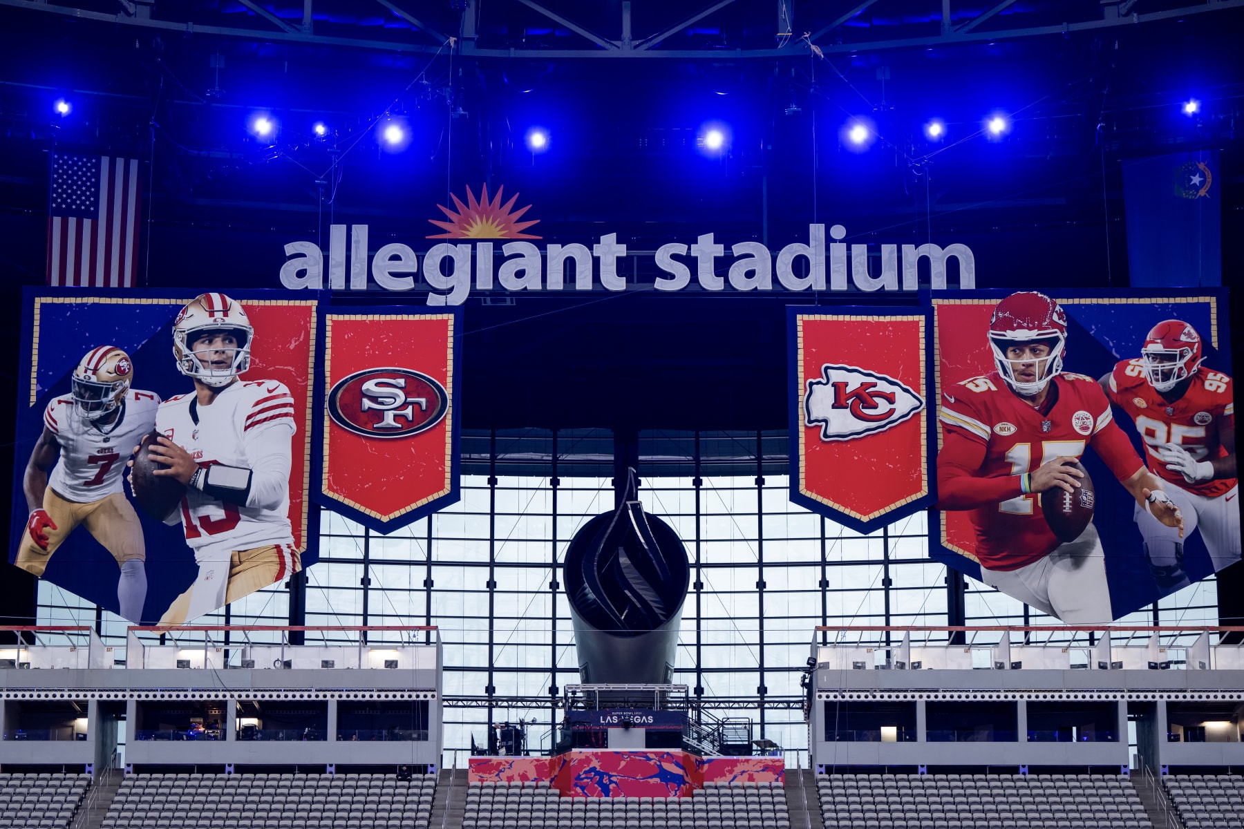 LAS VEGAS, NEVADA - FEBRUARY 05: A general view of signage before Super Bowl LVIII Opening Night at Allegiant Stadium on February 05, 2024 in Las Vegas, Nevada. Super Bowl LVIII will be played between the Kansas City Chiefs and the San Francisco 49ers at Allegiant Stadium on February 11th in Las Vegas. (Photo by Luke Hales/Getty Images)