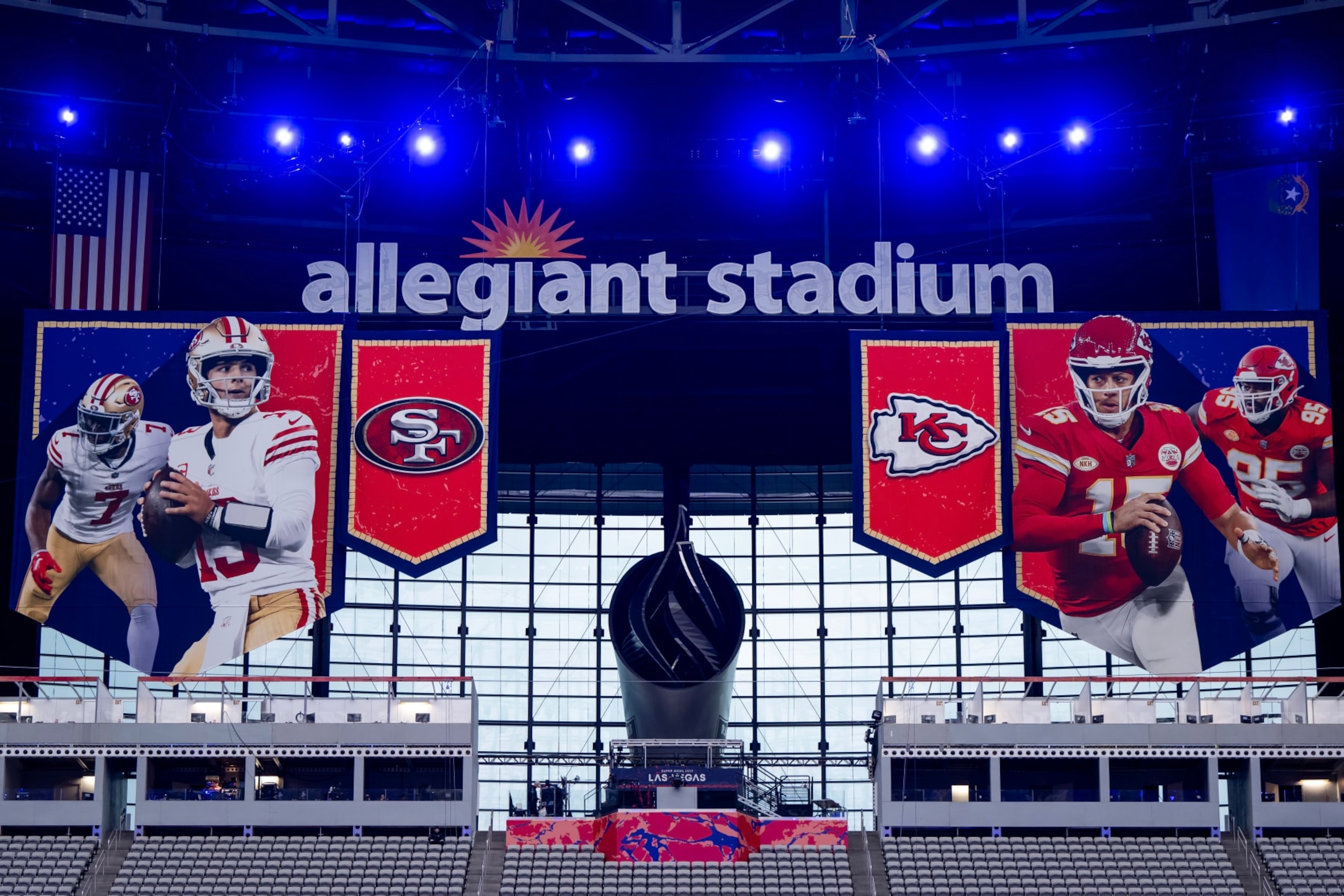 LAS VEGAS, NEVADA - FEBRUARY 05: A general view of signage before Super Bowl LVIII Opening Night at Allegiant Stadium on February 05, 2024 in Las Vegas, Nevada. Super Bowl LVIII will be played between the Kansas City Chiefs and the San Francisco 49ers at Allegiant Stadium on February 11th in Las Vegas. (Photo by Luke Hales/Getty Images)