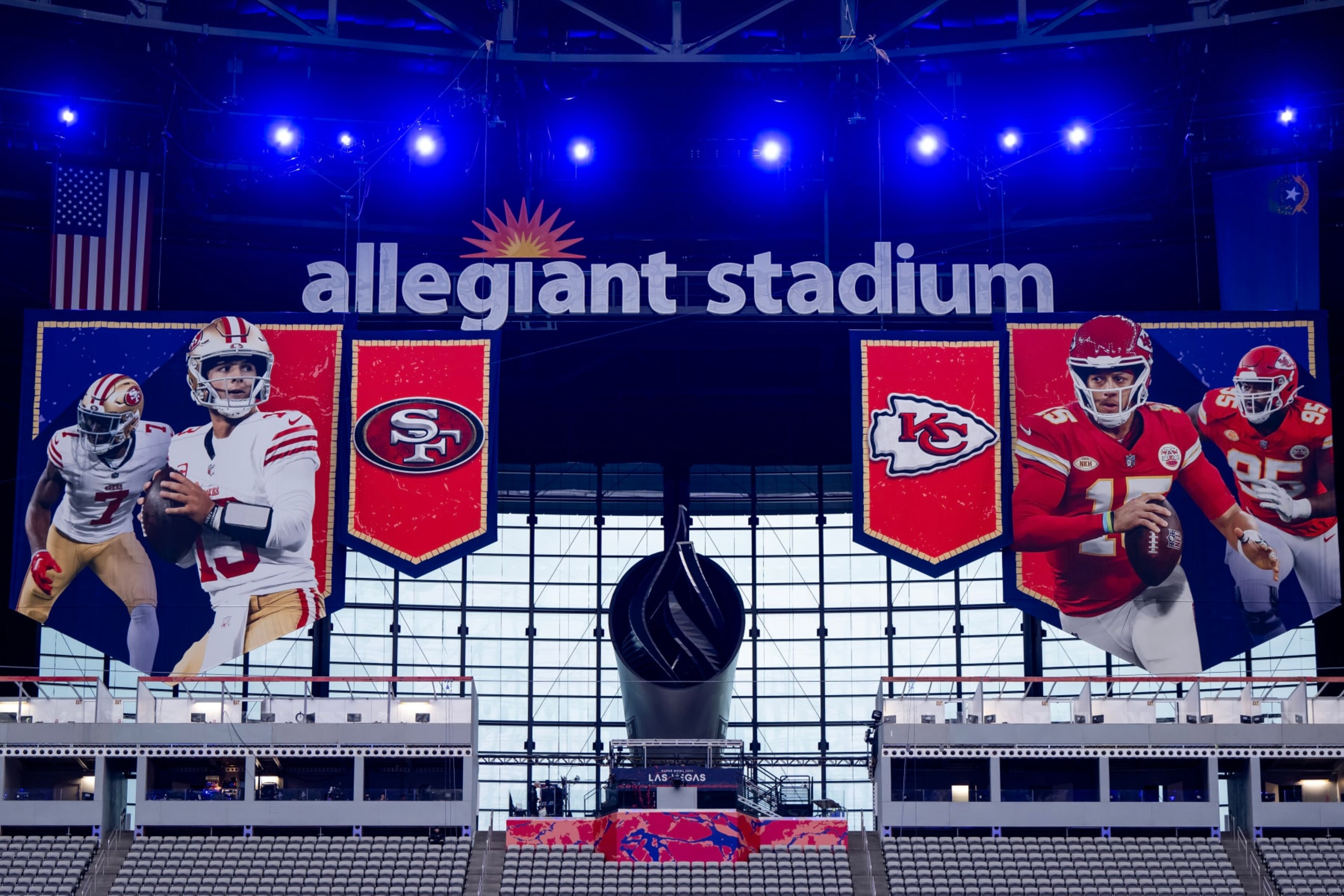 LAS VEGAS, NEVADA - FEBRUARY 05: A general view of signage before Super Bowl LVIII Opening Night at Allegiant Stadium on February 05, 2024 in Las Vegas, Nevada. Super Bowl LVIII will be played between the Kansas City Chiefs and the San Francisco 49ers at Allegiant Stadium on February 11th in Las Vegas. (Photo by Luke Hales/Getty Images) LAS VEGAS, NEVADA - FEBRUARY 05: A general view of signage before Super Bowl LVIII Opening Night at Allegiant Stadium on February 05, 2024 in Las Vegas, Nevada. Super Bowl LVIII will be played between the Kansas City Chiefs and the San Francisco 49ers at Allegiant Stadium on February 11th in Las Vegas. (Photo by Luke Hales/Getty Images)