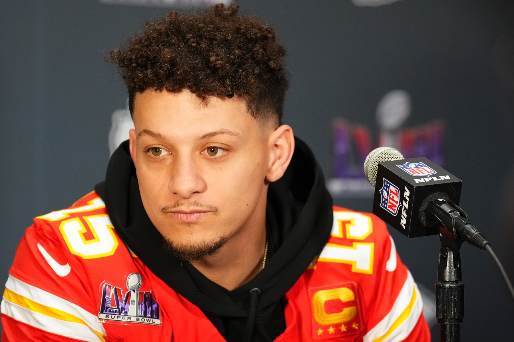 HENDERSON, NEVADA - FEBRUARY 06:  Patrick Mahomes of the Kansas City Chiefs speaks to the media during Kansas City Chiefs media availability ahead of Super Bowl LVIII at Westin Lake Las Vegas Resort and Spa on February 06, 2024 in Henderson, Nevada. (Photo by Chris Unger/Getty Images)