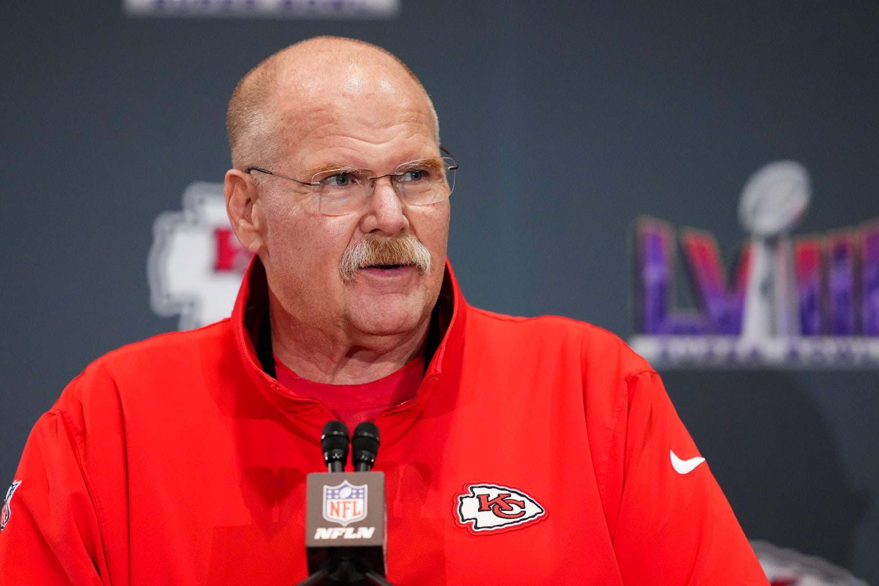 HENDERSON, NEVADA - FEBRUARY 06: Head coach Andy Reid of the Kansas City Chiefs speaks to the media during Kansas City Chiefs media availability ahead of Super Bowl LVIII at Westin Lake Las Vegas Resort and Spa on February 06, 2024 in Henderson, Nevada. (Photo by Chris Unger/Getty Images)