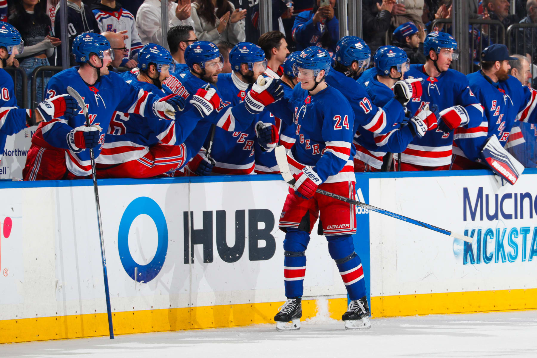 NEW YORK, NEW YORK - JANUARY 16:  Kaapo Kakko #24 of the New York Rangers celebrates with teammates  after scoring a goal in the second period against the Seattle Kraken at Madison Square Garden on January 16, 2024 in New York City. (Photo by Jared Silber/NHLI via Getty Images)