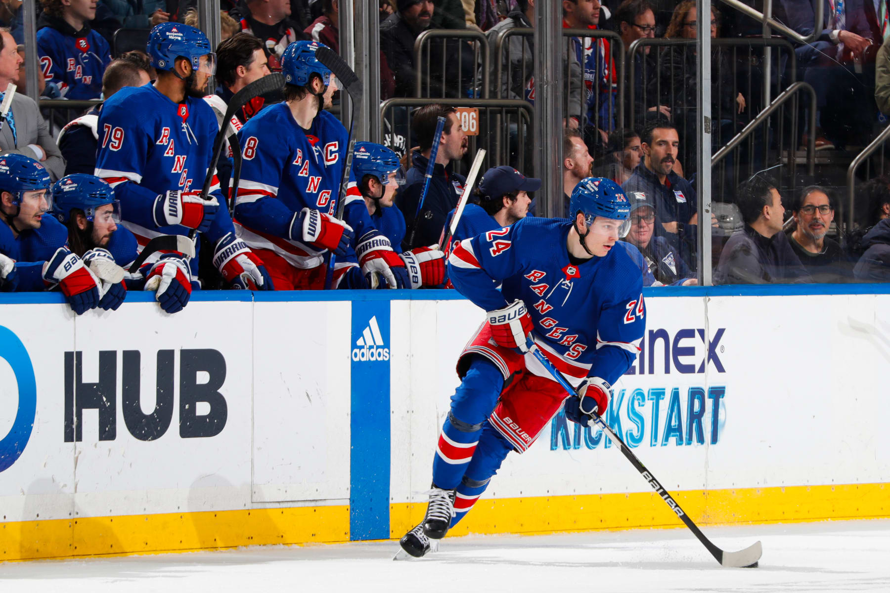 NEW YORK, NEW YORK - NOVEMBER 25:  Kaapo Kakko #24 of the New York Rangers skates with the puck against the Boston Bruins at Madison Square Garden on November 25, 2023 in New York City. (Photo by Jared Silber/NHLI via Getty Images)