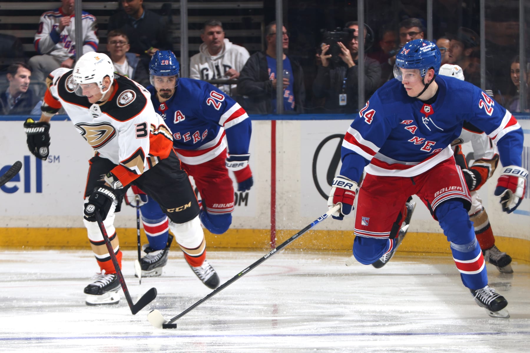 NEW YORK, NEW YORK - OCTOBER 17:  Kaapo Kakko #24 of the New York Rangers skates with the puck against the Anaheim Ducks at Madison Square Garden on October 17, 2022 in New York City. (Photo by Jared Silber/NHLI via Getty Images)