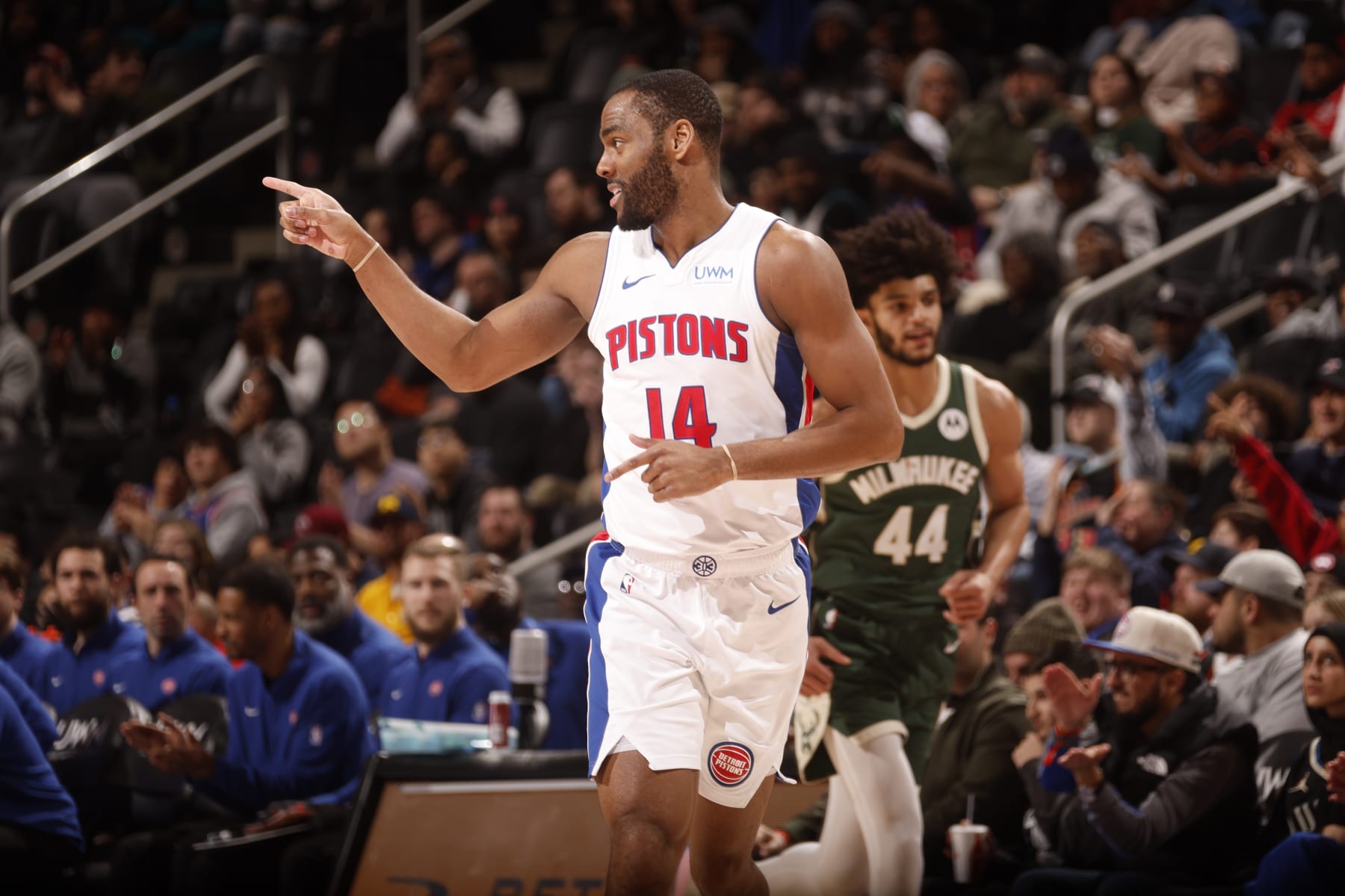 DETROIT, MI - JANUARY 22: Alec Burks #14 of the Detroit Pistons celebrates during the game against the Milwaukee Bucks  on January 22, 2024 at Little Caesars Arena in Detroit, Michigan. NOTE TO USER: User expressly acknowledges and agrees that, by downloading and/or using this photograph, User is consenting to the terms and conditions of the Getty Images License Agreement. Mandatory Copyright Notice: Copyright 2024 NBAE (Photo by Brian Sevald/NBAE via Getty Images)