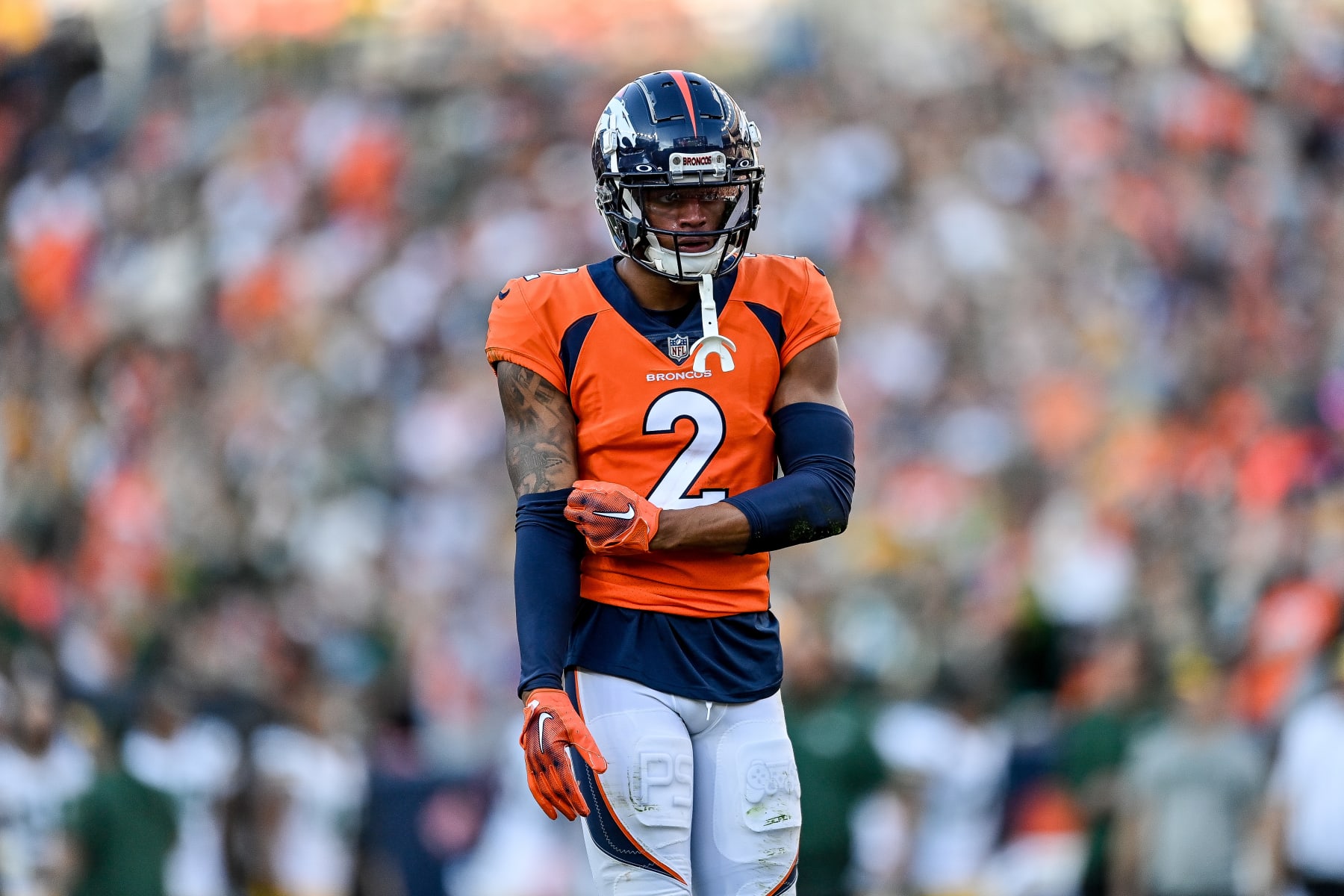 DENVER, COLORADO - OCTOBER 22:  Cornerback Pat Surtain II #2 of the Denver Broncos looks on in the fourth quarter against the Green Bay Packers at Empower Field at Mile High on October 22, 2023 in Denver, Colorado. (Photo by Dustin Bradford/Getty Images)
