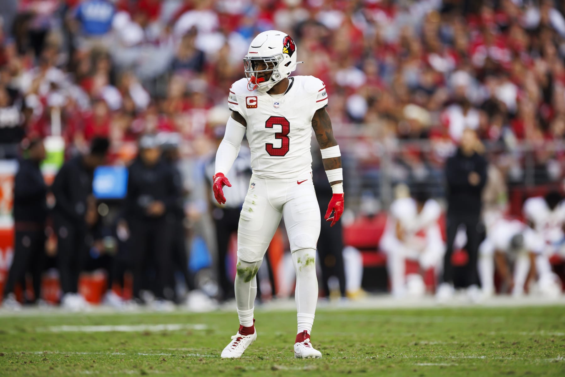 GLENDALE, ARIZONA - DECEMBER 17: Budda Baker #3 of the Arizona Cardinals defends in coverage during an NFL football game against the San Francisco 49ers at State Farm Stadium on December 17, 2023 in Glendale, Arizona. (Photo by Ryan Kang/Getty Images)