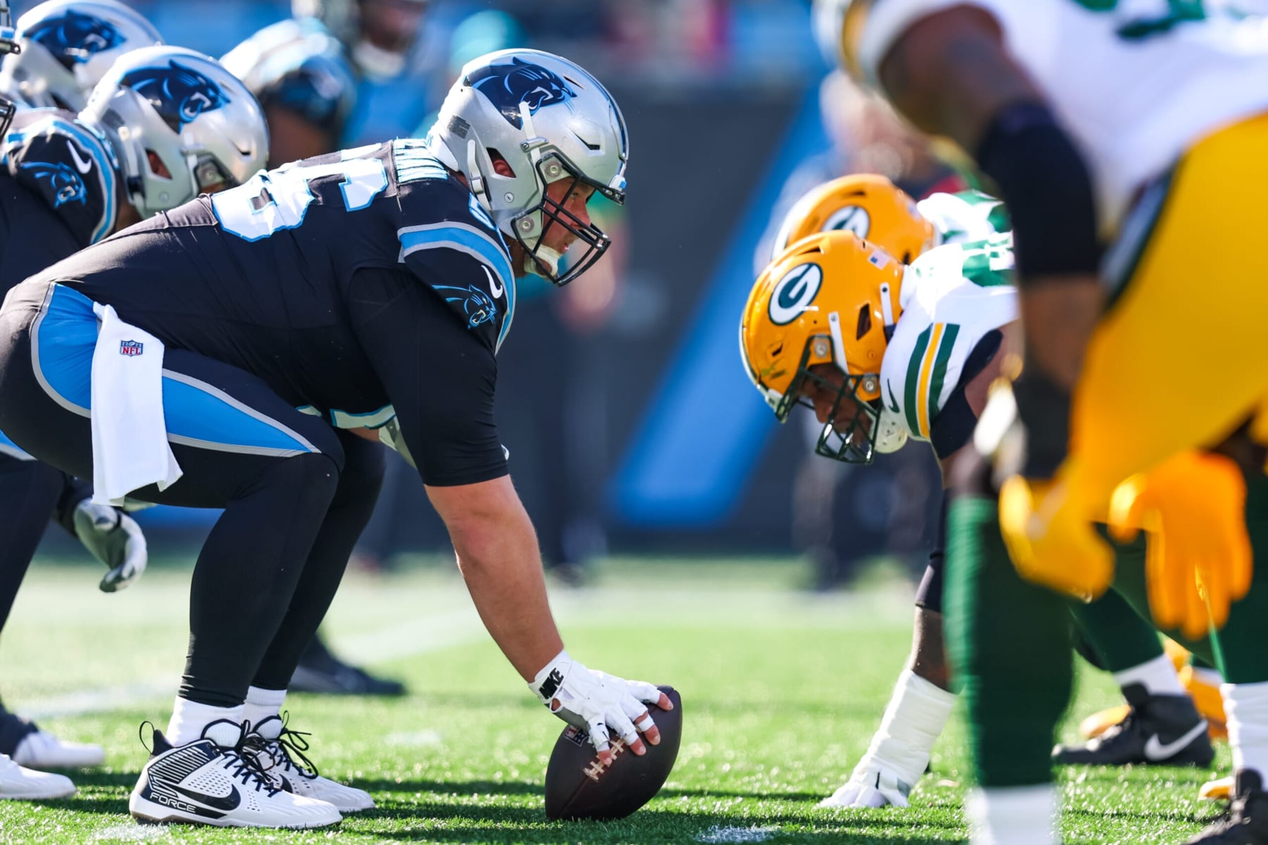 CHARLOTTE, NC - DECEMBER 24: Bradley Bozeman #56 of the Carolina Panthers prepares to snap the ball during an NFL game against the Green Bay Packers at Bank of America Stadium on December 24, 2023 in Charlotte, NC. (Photo by David Jensen/Icon Sportswire via Getty Images)