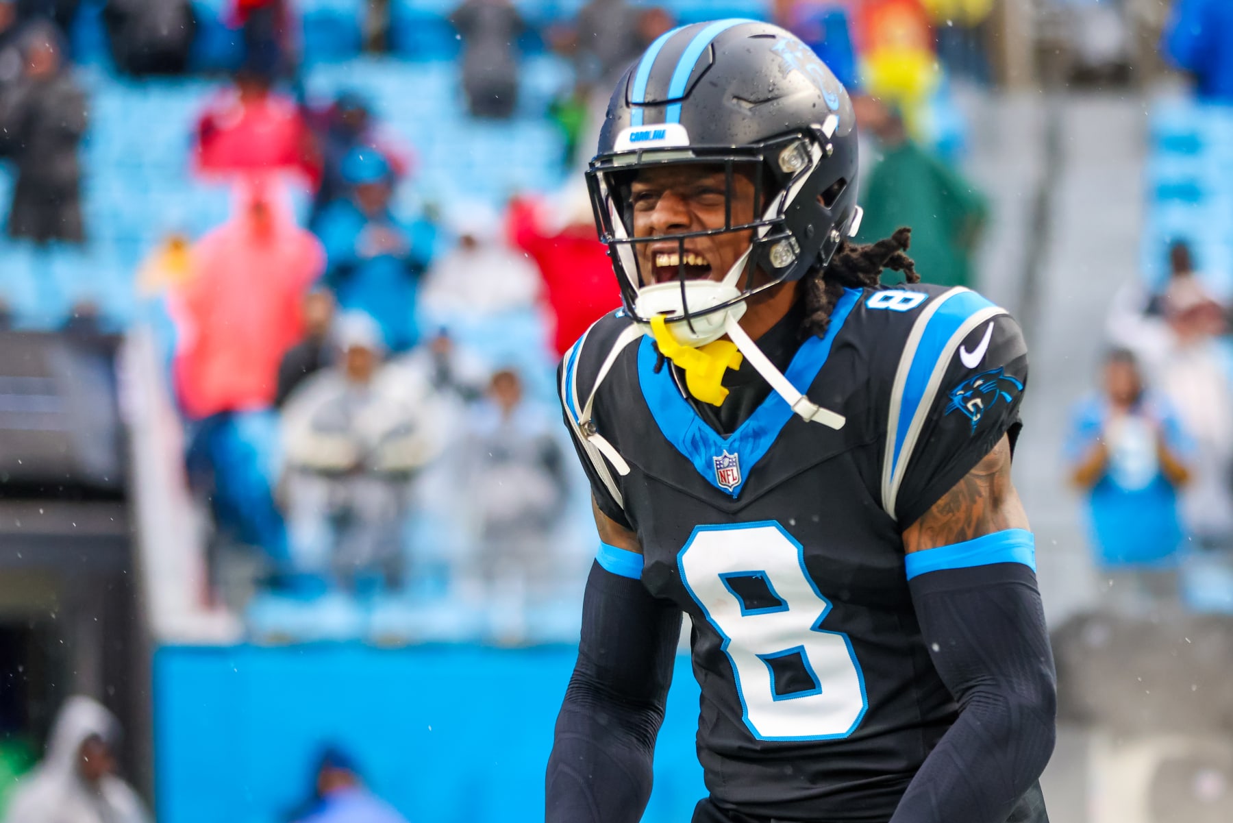 CHARLOTTE, NC - DECEMBER 17: Jaycee Horn #8 of the Carolina Panthers enters the field during an NFL game against the Atlanta Falcons at Bank of America Stadium in Charlotte, North Carolina on Dec 17, 2023. (Photo by David Jensen/Icon Sportswire via Getty Images)