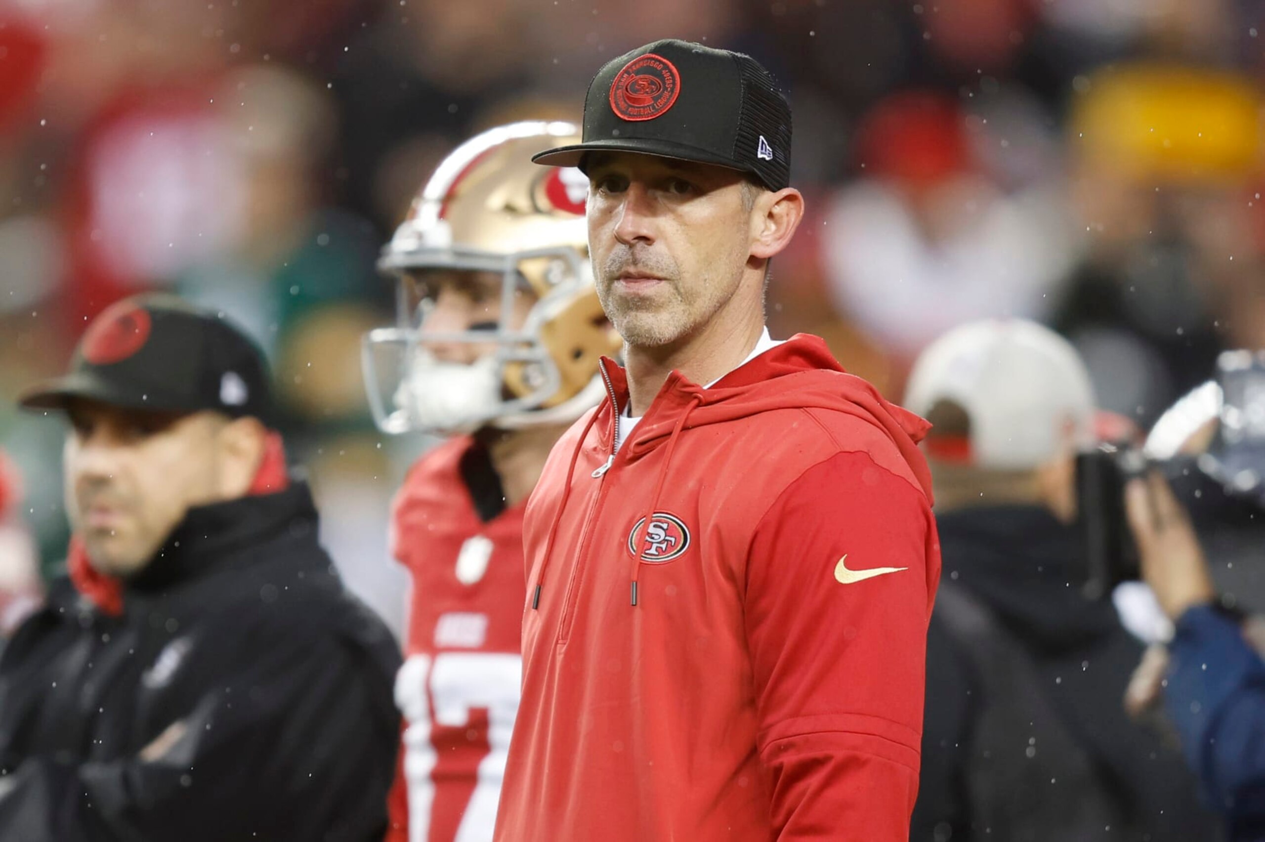 SANTA CLARA, CALIFORNIA - JANUARY 20: Head coach Kyle Shanahan of the San Francisco 49ers looks on before the NFC Divisional Playoffs against the Green Bay Packers at Levi's Stadium on January 20, 2024 in Santa Clara, California. (Photo by Lachlan Cunningham/Getty Images)