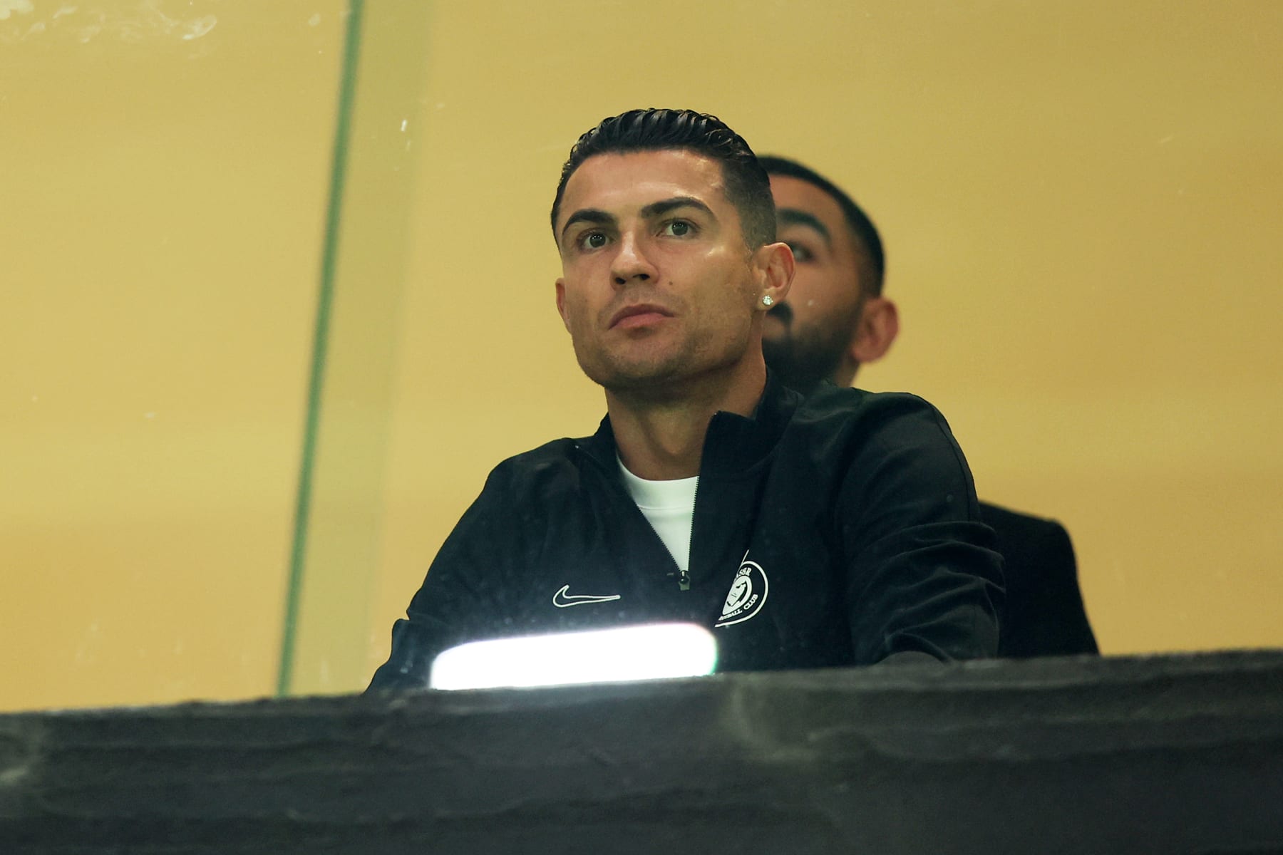 RIYADH, SAUDI ARABIA - FEBRUARY 01: Cristiano Ronaldo of Al Nassr watches on from the stands prior to the Riyadh Season Cup match between Al-Nassr and Inter Miami at Kingdom Arena on February 01, 2024 in Riyadh, Saudi Arabia. (Photo by Yasser Bakhsh/Getty Images)