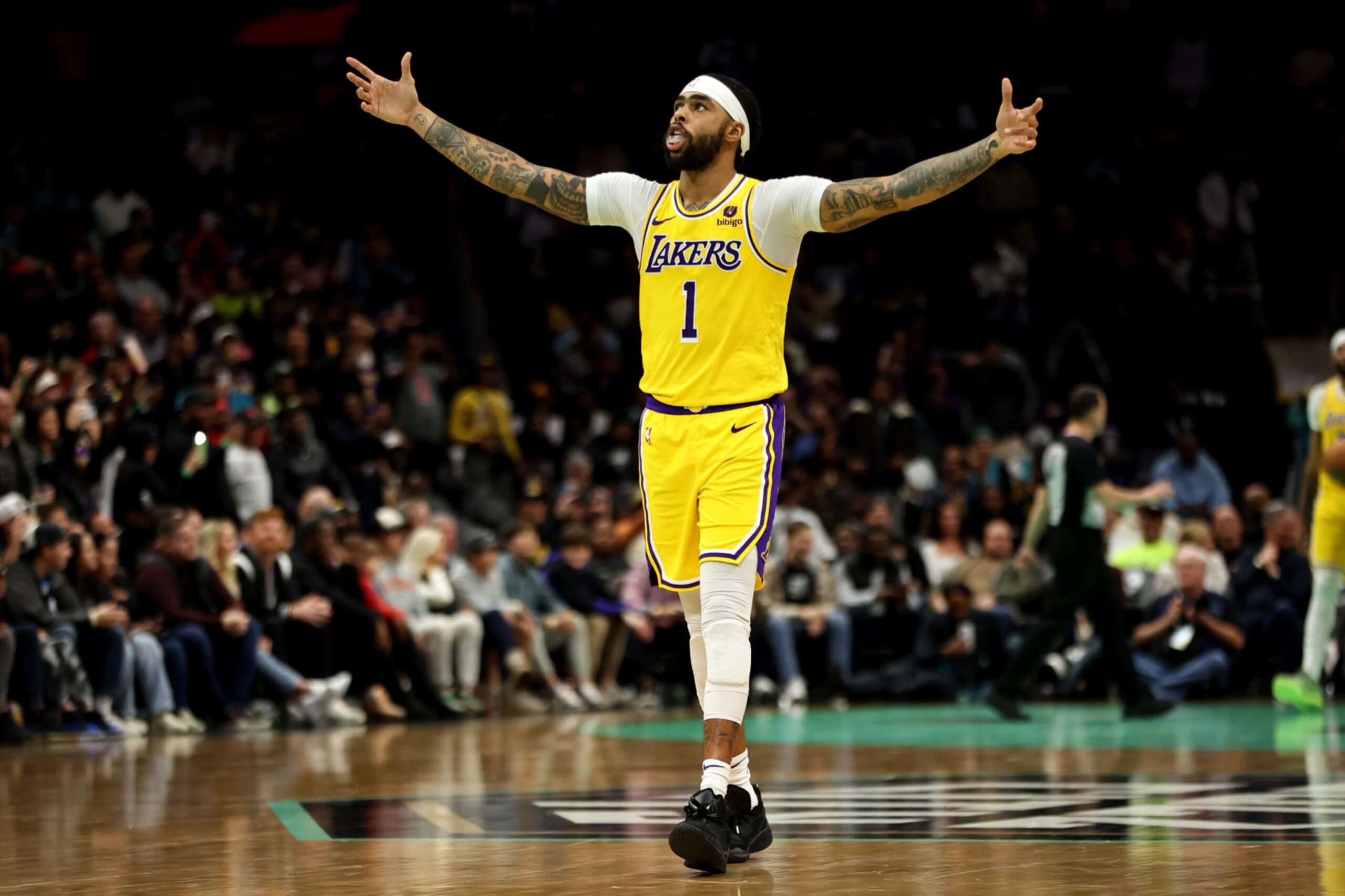 CHARLOTTE, NORTH CAROLINA - FEBRUARY 05: D'Angelo Russell #1 of the Los Angeles Lakers reacts during the second half of a game against the Charlotte Hornets at Spectrum Center on February 05, 2024 in Charlotte, North Carolina. NOTE TO USER: User expressly acknowledges and agrees that, by downloading and or using this photograph, User is consenting to the terms and conditions of the Getty Images License Agreement. (Photo by David Jensen/Getty Images) CHARLOTTE, NORTH CAROLINA - FEBRUARY 05: D'Angelo Russell #1 of the Los Angeles Lakers reacts during the second half of a game against the Charlotte Hornets at Spectrum Center on February 05, 2024 in Charlotte, North Carolina. NOTE TO USER: User expressly acknowledges and agrees that, by downloading and or using this photograph, User is consenting to the terms and conditions of the Getty Images License Agreement. (Photo by David Jensen/Getty Images)