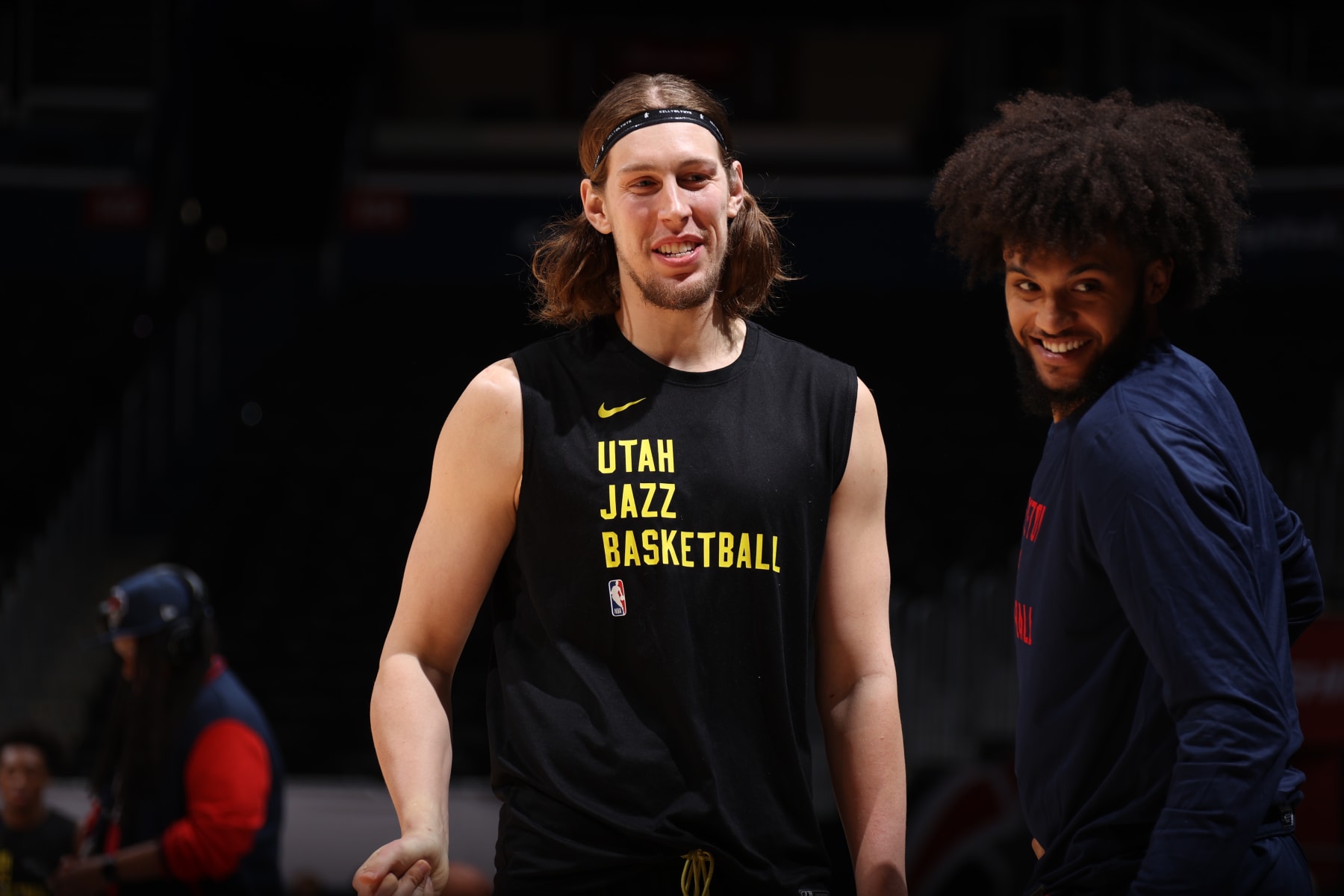 WASHINGTON, DC -  JANUARY 25: Kelly Olynyk #41 of the Utah Jazz talks with Isaiah Livers #12 of the Washington Wizards before the game on January 25, 2024 at Capital One Arena in Washington, DC. NOTE TO USER: User expressly acknowledges and agrees that, by downloading and or using this Photograph, user is consenting to the terms and conditions of the Getty Images License Agreement. Mandatory Copyright Notice: Copyright 2024 NBAE (Photo by Stephen Gosling/NBAE via Getty Images)