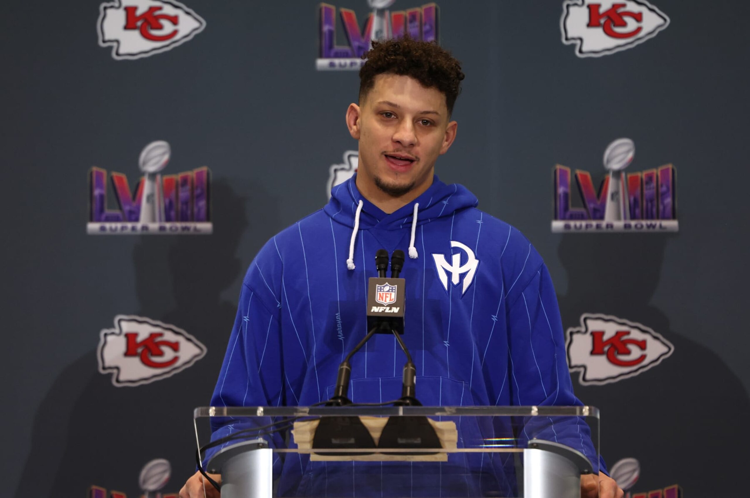 HENDERSON, NEVADA - FEBRUARY 07: Patrick Mahomes of the Kansas City Chiefs speaks to the media during Kansas City Chiefs media availability ahead of Super Bowl LVIII at Westin Lake Las Vegas Resort and Spa on February 07, 2024 in Henderson, Nevada. (Photo by Jamie Squire/Getty Images)