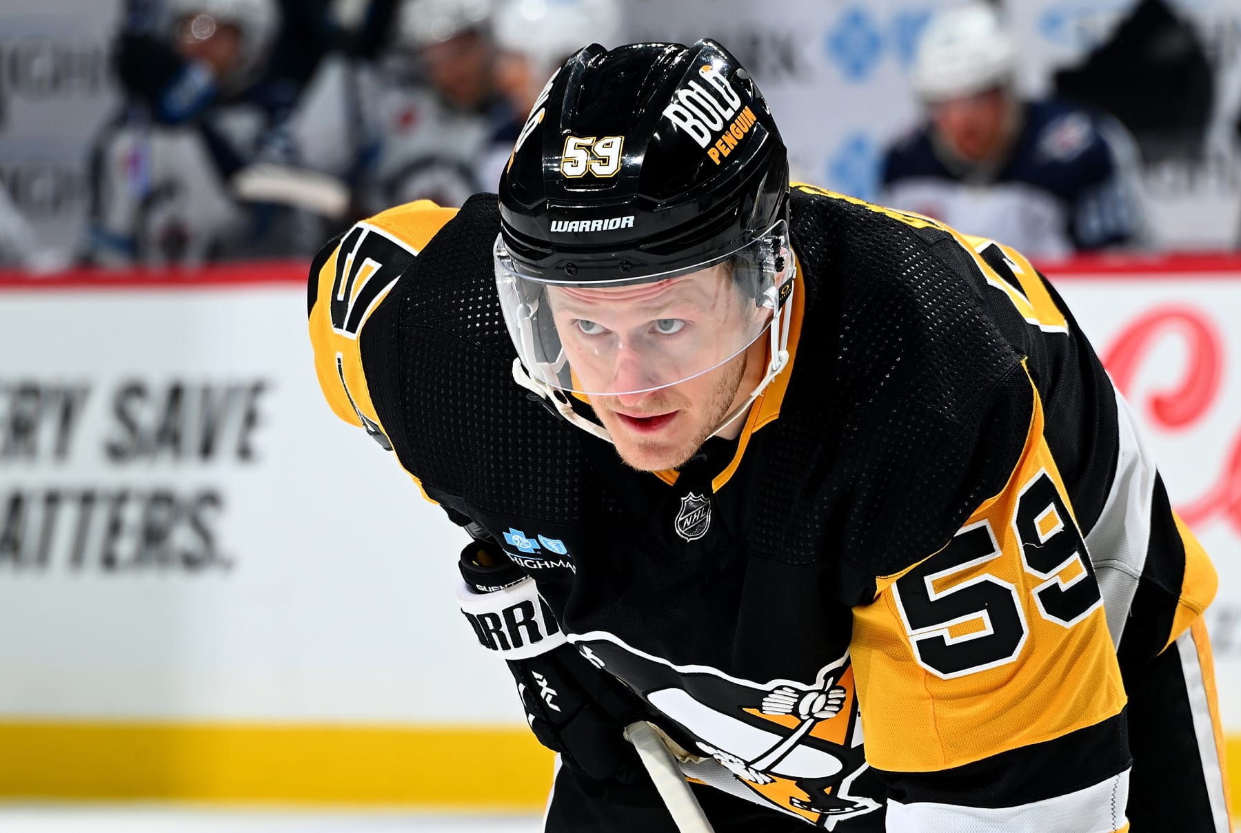 PITTSBURGH, PA - FEBRUARY 06:  Jake Guentzel #59 of the Pittsburgh Penguins looks on against the Winnipeg Jets at PPG PAINTS Arena on February 6, 2024 in Pittsburgh, Pennsylvania. (Photo by Joe Sargent/NHLI via Getty Images)