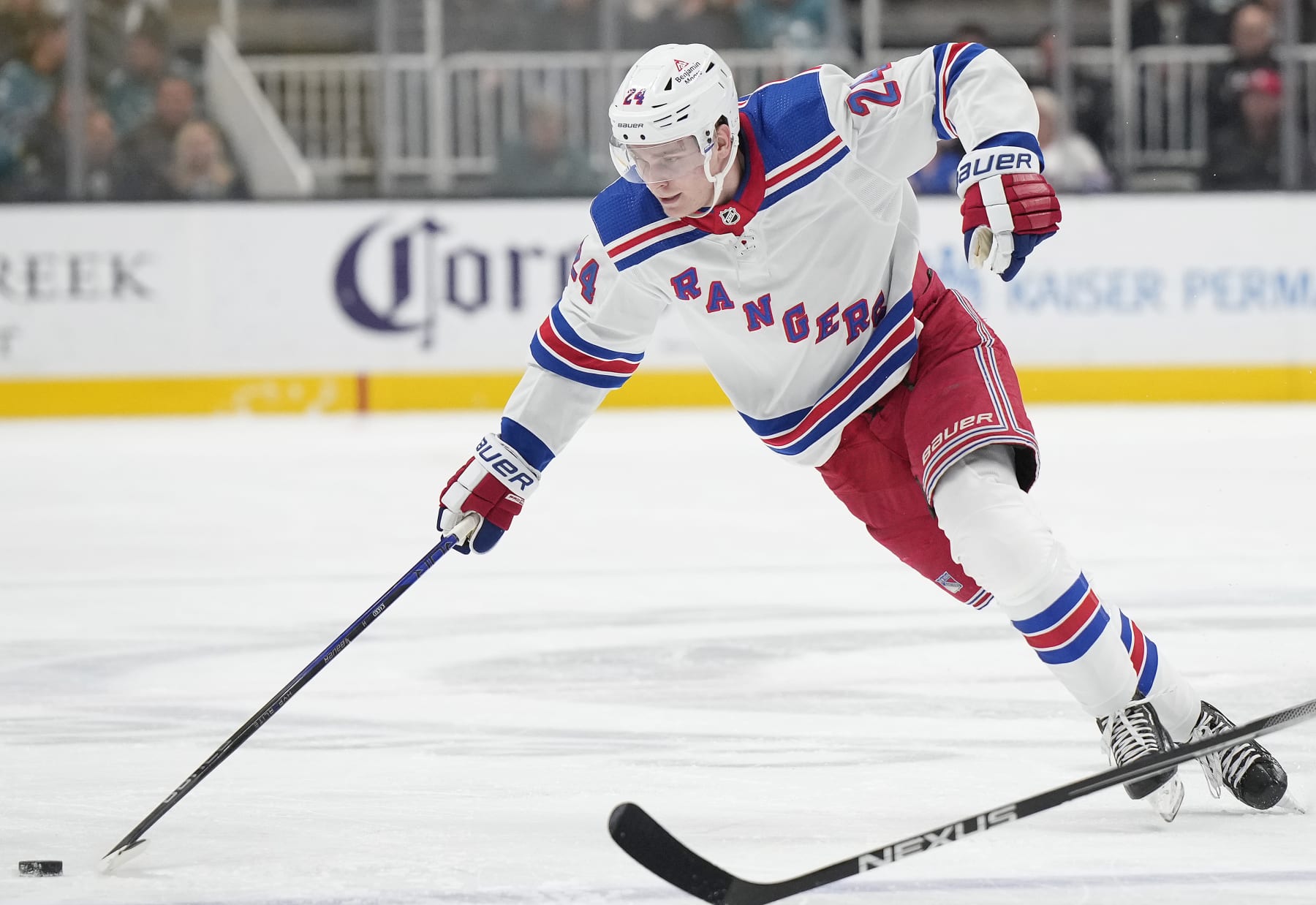 SAN JOSE, CALIFORNIA - JANUARY 23: Kaapo Kakko #24 of the New York Rangers skates with control of the puck against the San Jose Sharks during the first period of an NHL hockey game at SAP Center on January 23, 2024 in San Jose, California. (Photo by Thearon W. Henderson/Getty Images)